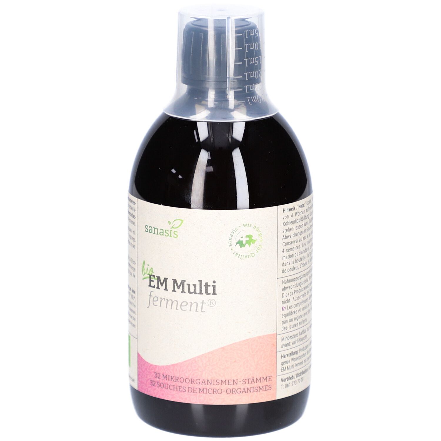 Braune Flüssigkeit in einer Flasche mit Etikett. Aufschrift: bio EM Multi ferment. Mit Bio-Siegel.