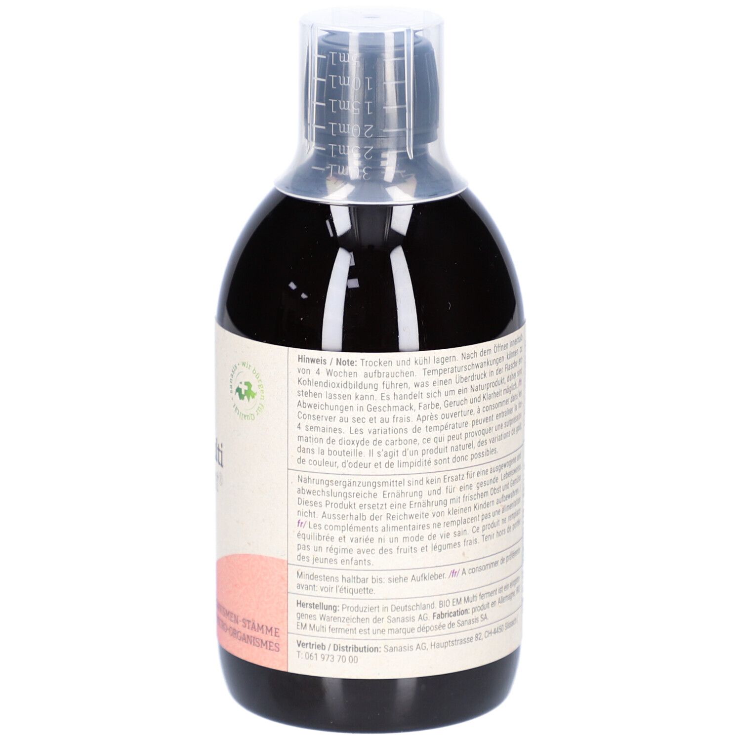 Rückseite der Flasche mit Text. Vegan-Siegel. Etikett mit Inhaltsstoffen und Verzehrempfehlung.