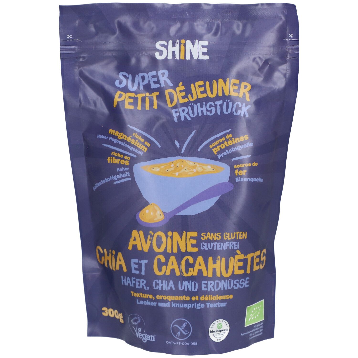 SHINE Super déjeuner Avoine, Chia et Cacahuètes bio et végan