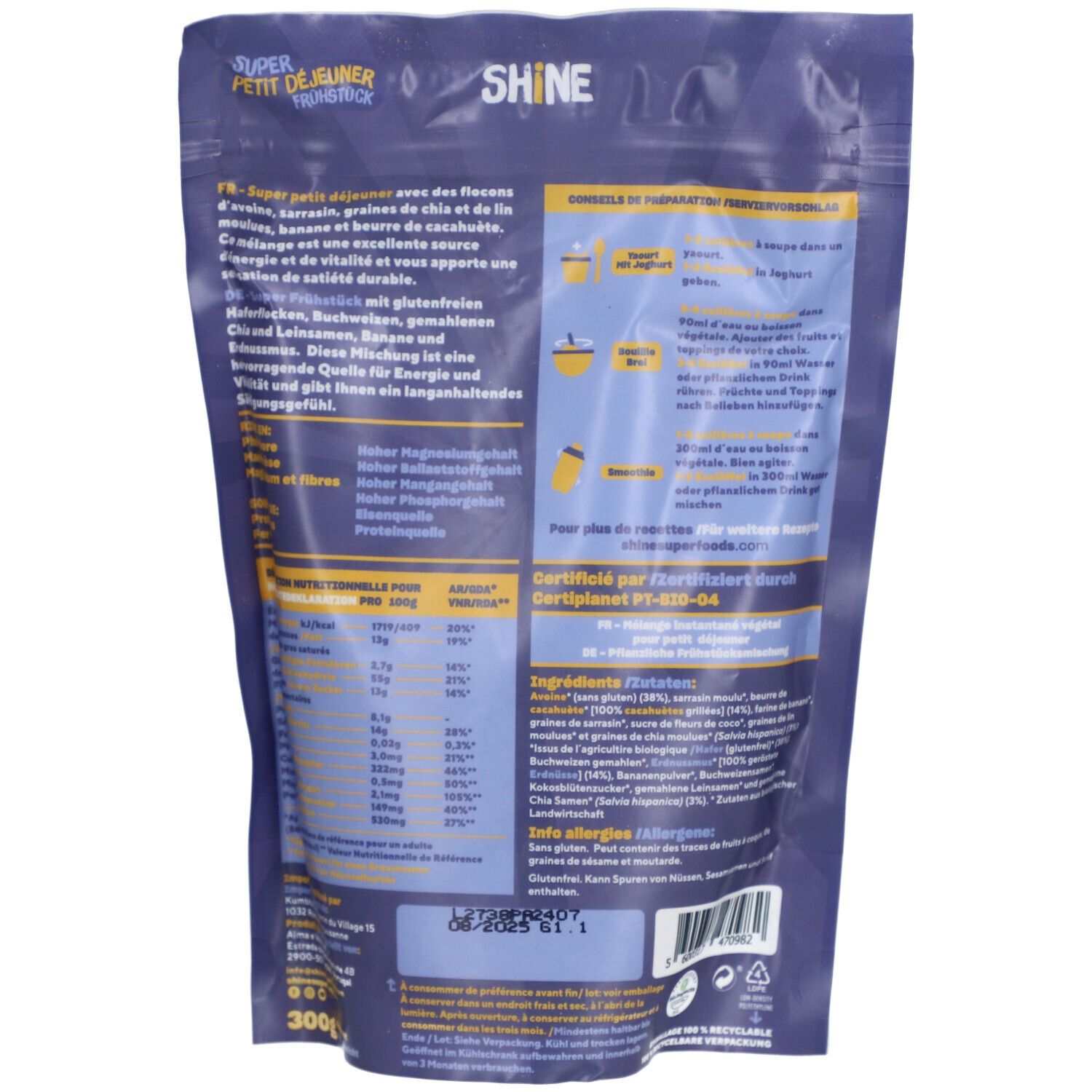 SHINE Super déjeuner Avoine, Chia et Cacahuètes bio et végan