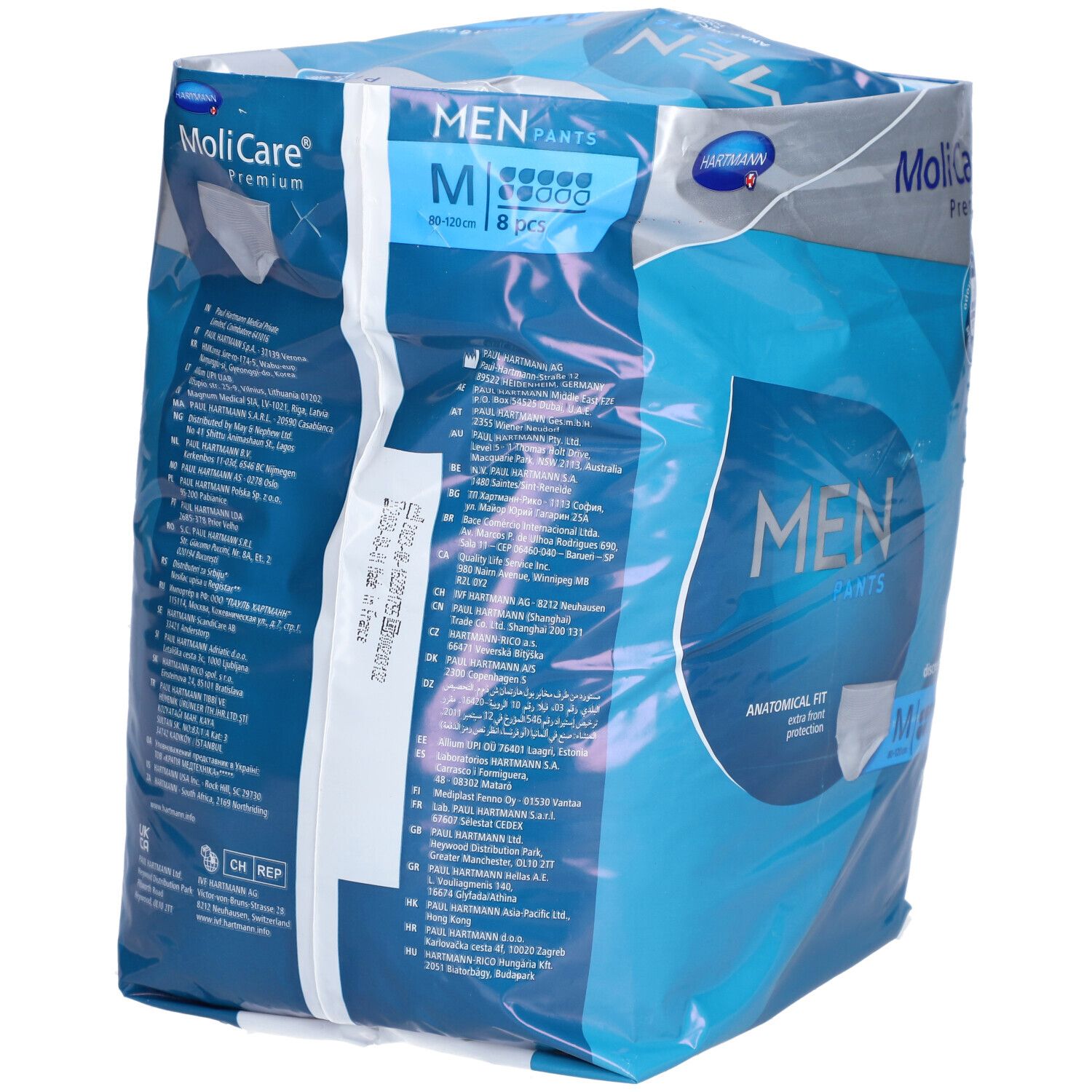 Rückseite der MoliCare Men Pants M Verpackung. Blaue Verpackung mit Produktinformationen und Barcode.