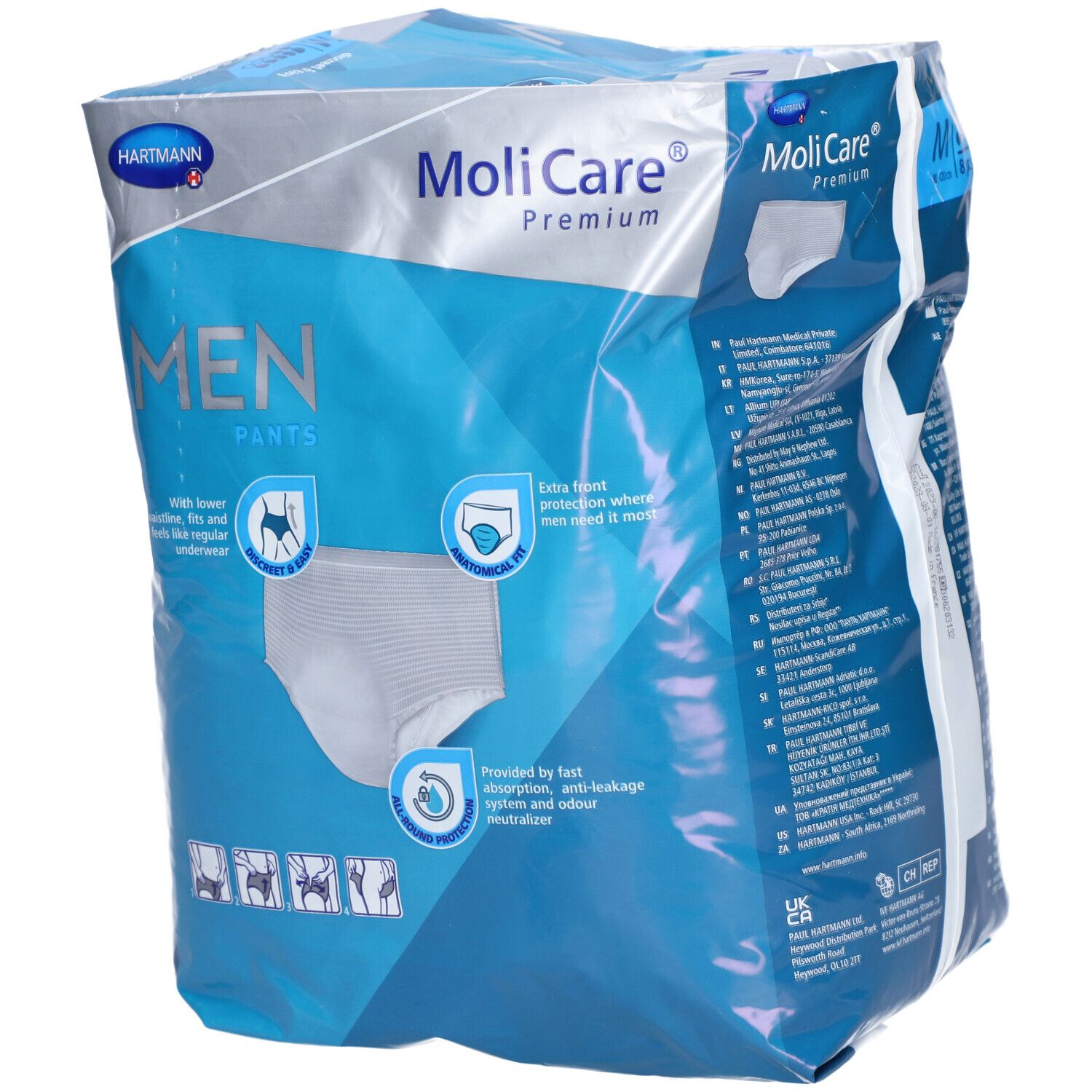 MoliCare Men Pants M Verpackung. Blaue Verpackung mit Produktabbildung und Informationen zur Absorption.