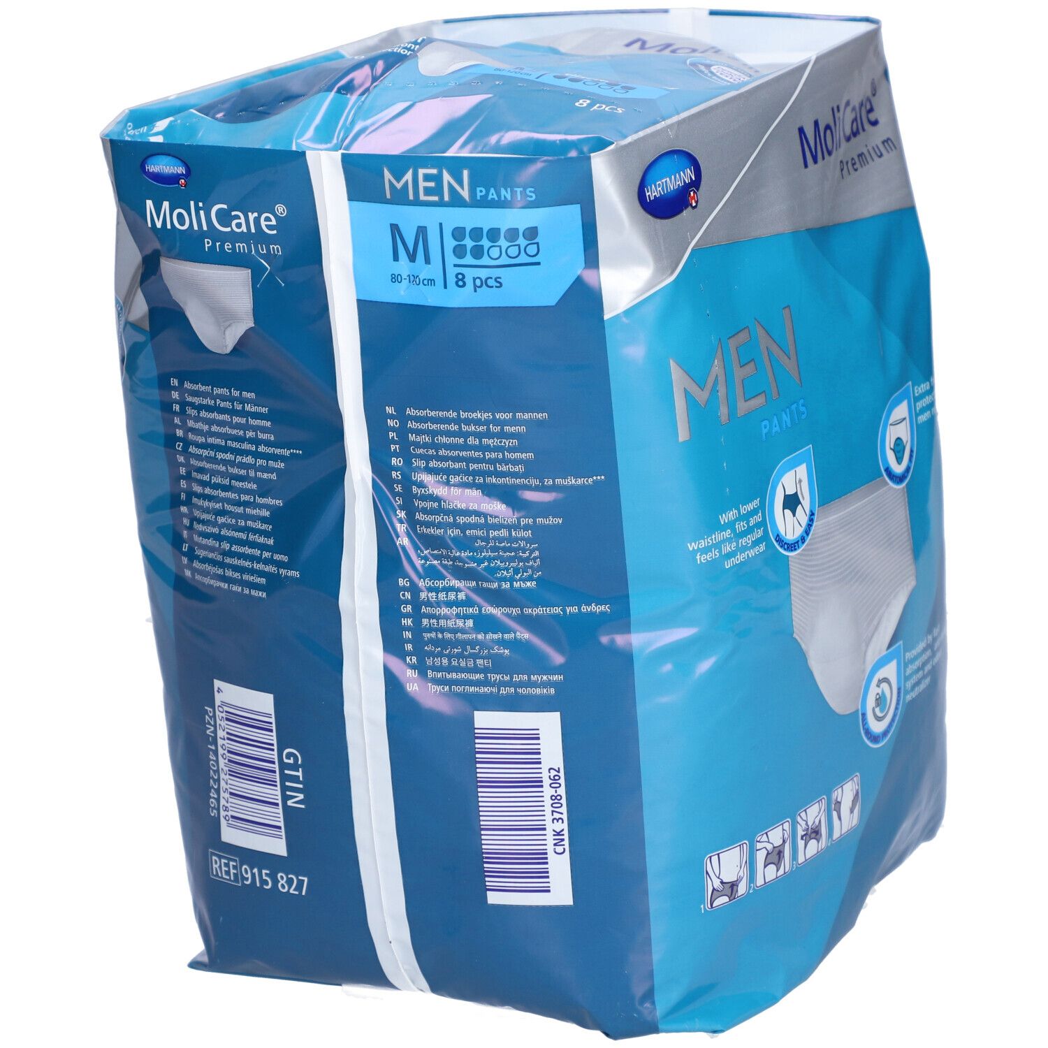 MoliCare Men Pants M Verpackung. Blaue Verpackung mit Produktinformationen und Barcode.