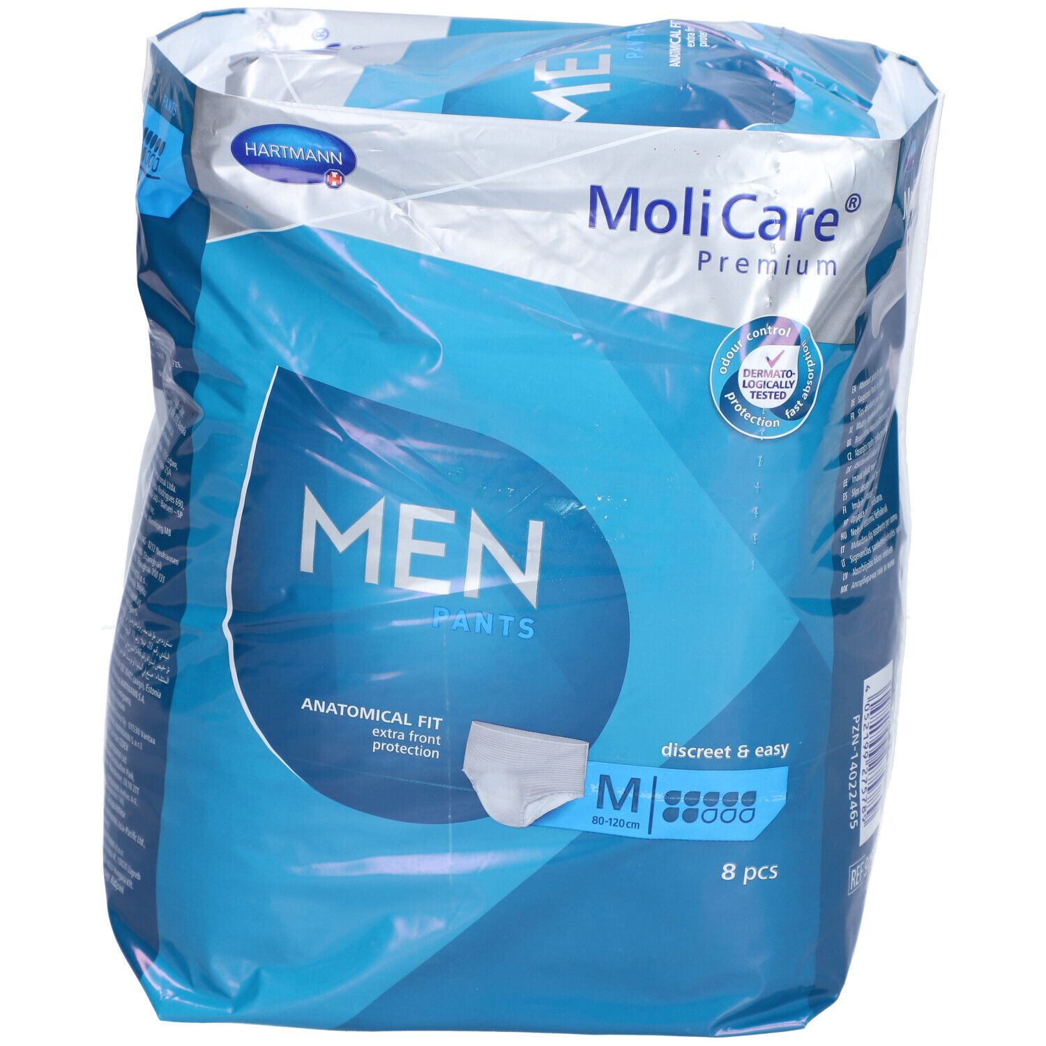 MoliCare Men Pants M Verpackung. Blaue Verpackung mit Produktbezeichnung, Größe M und 8 Stück.
