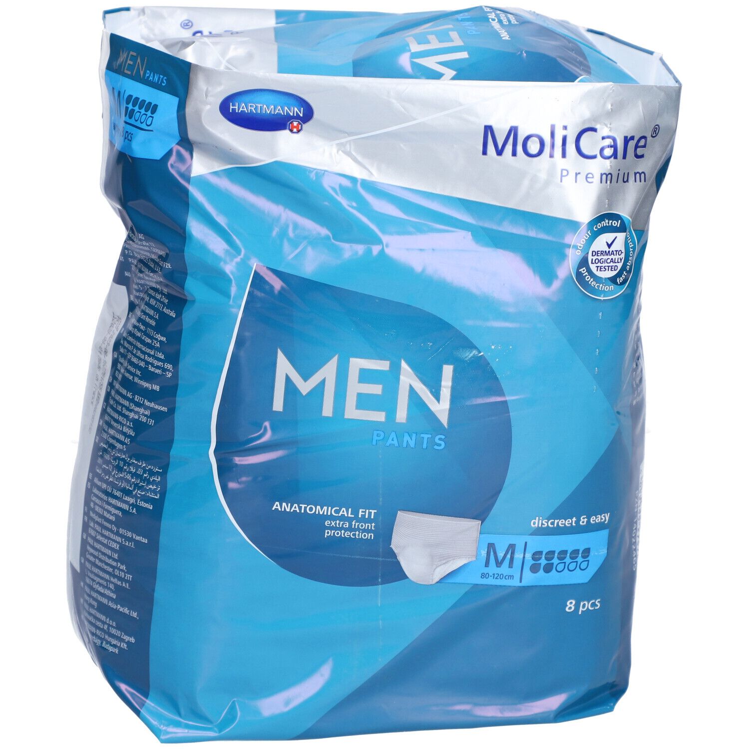 MoliCare Men Pants M Verpackung. Blaue Verpackung mit Produktbezeichnung, Größe M und 8 Stück.