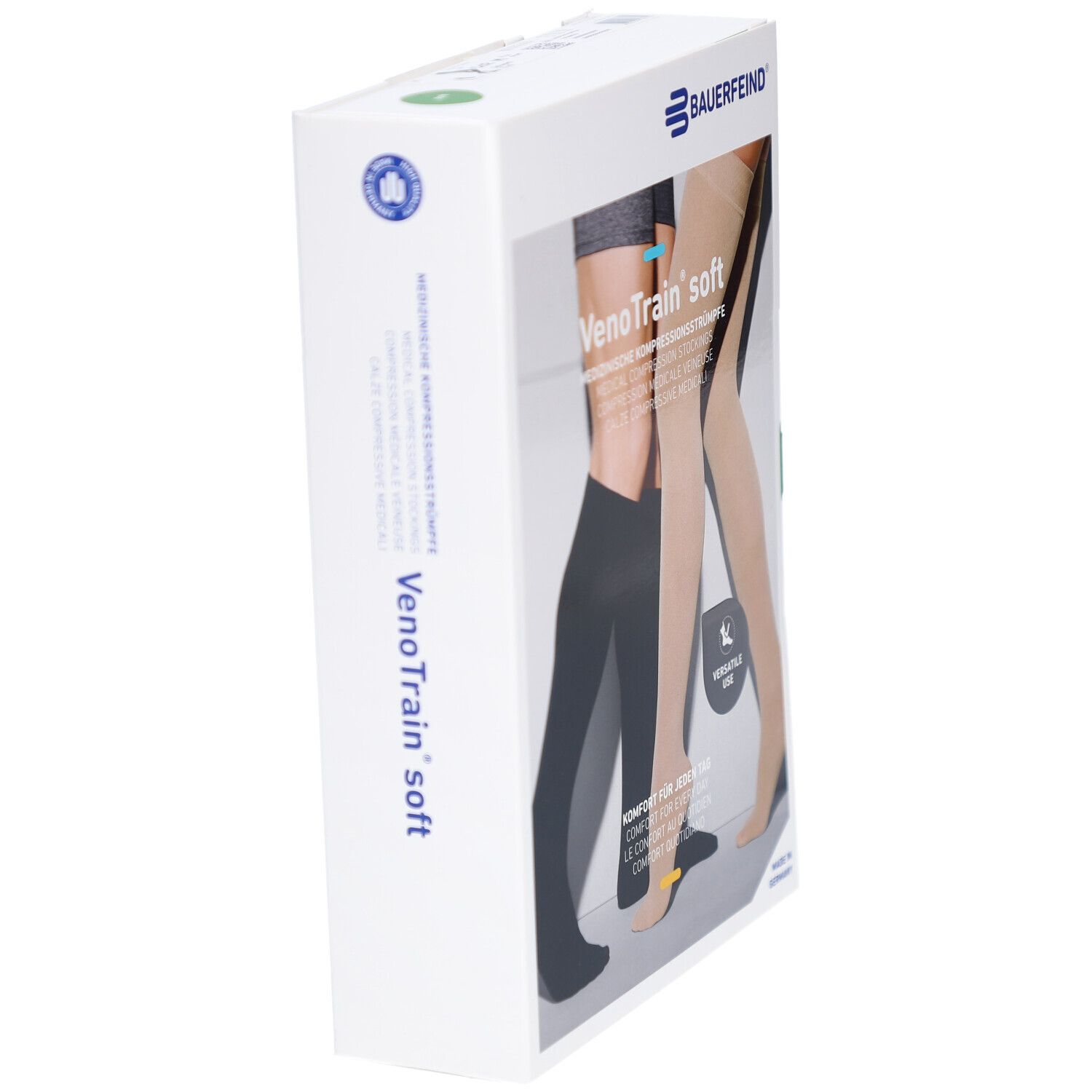 Schrägansicht der Verpackung mit Kompressionsstrümpfen. Schriftzug: VenoTrain soft. Logo Bauerfeind.