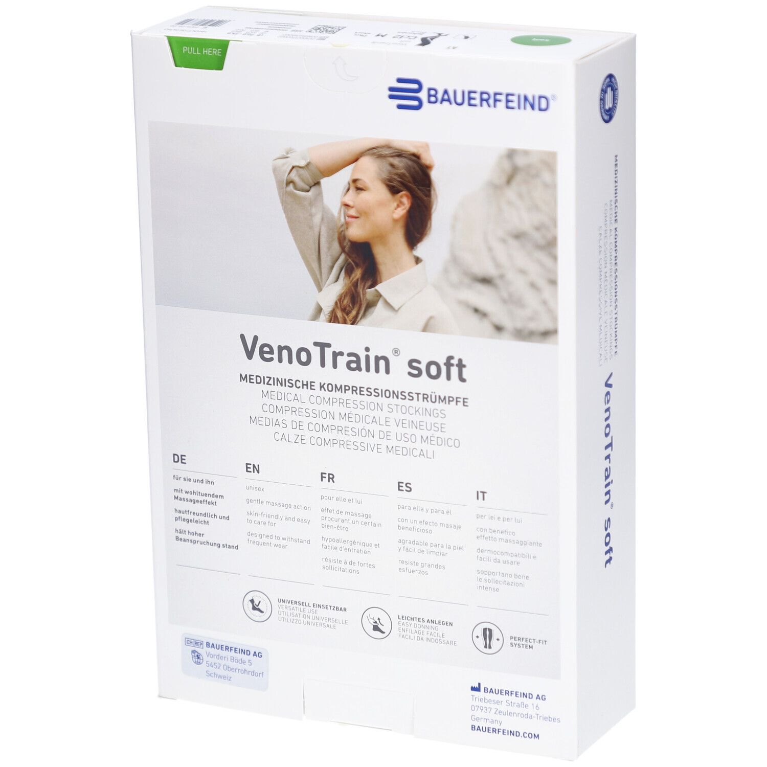 Rückseite der Verpackung mit Kompressionsstrümpfen. Text in Deutsch, Englisch, Französisch, Spanisch und Italienisch. Logo Bauerfeind.