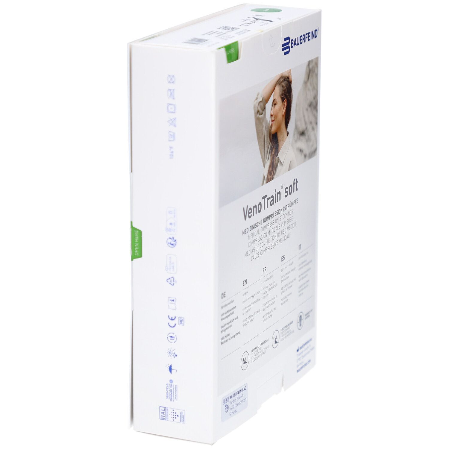 Schrägansicht der Verpackung mit Kompressionsstrümpfen. Schriftzug: VenoTrain soft. Logo Bauerfeind. Text in mehreren Sprachen.