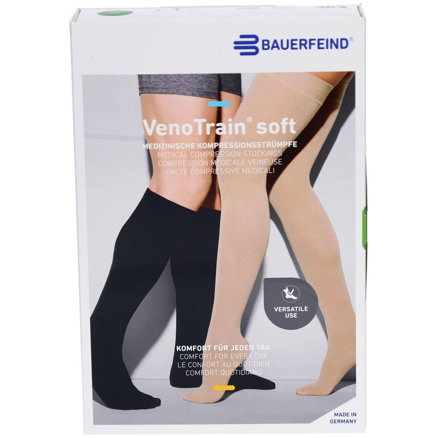 Verpackung mit Kompressionsstrümpfen. Abgebildet sind zwei Beine, eines in Schwarz, eines in Beige. Schriftzug: VenoTrain soft.