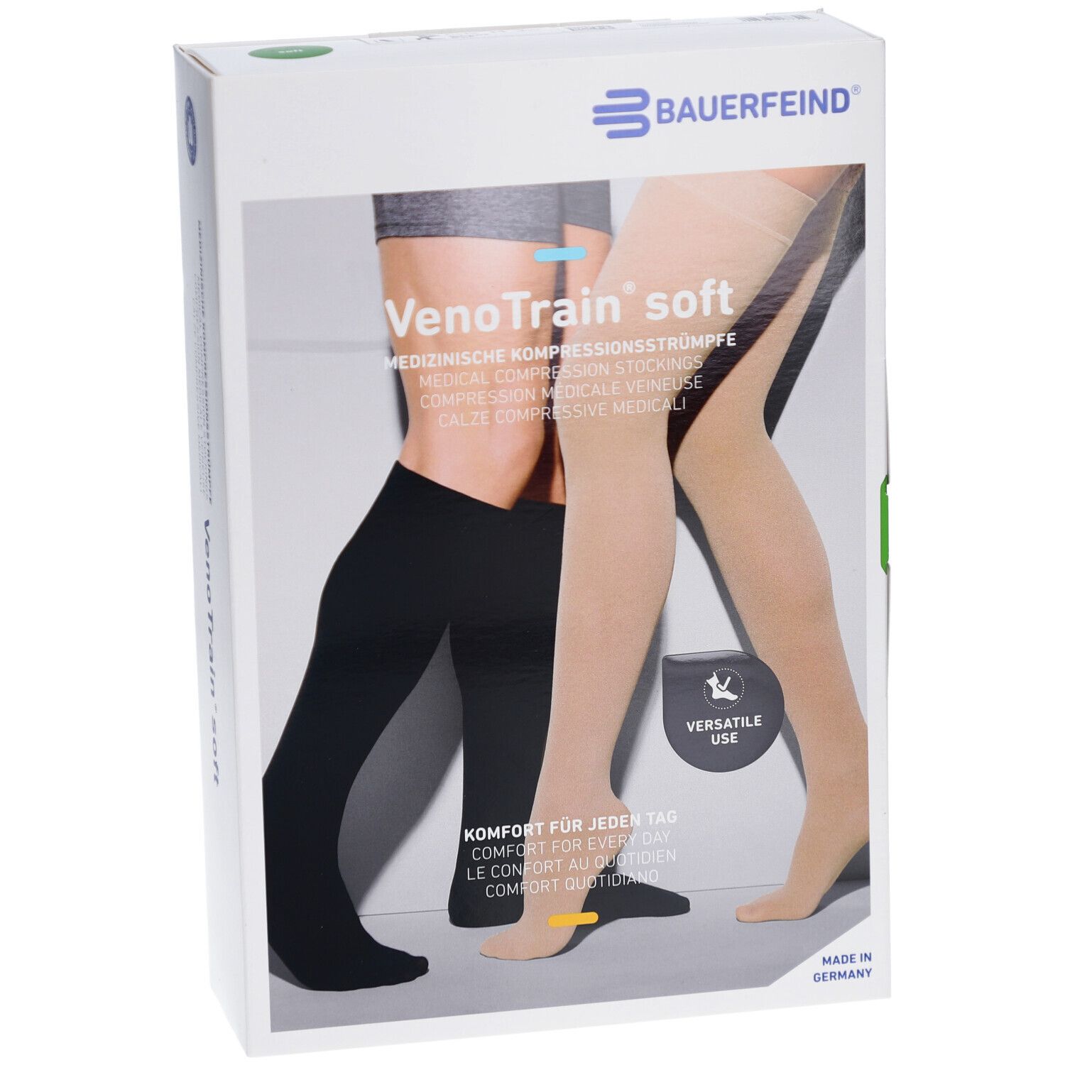 Verpackung mit Kompressionsstrümpfen. Abgebildet sind zwei Beine, eines in Schwarz, eines in Beige. Schriftzug: VenoTrain soft.