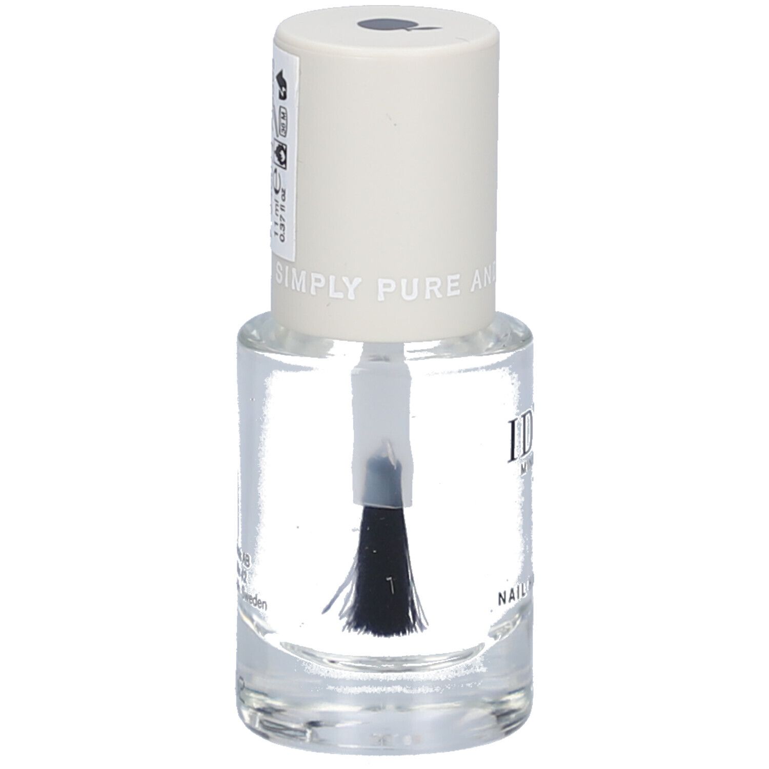 Klare Nagelhärter-Flasche mit weißem Deckel. Aufschrift: IDUN Minerals, Nail Hardener. SIMPLY PURE AND CLEAN.