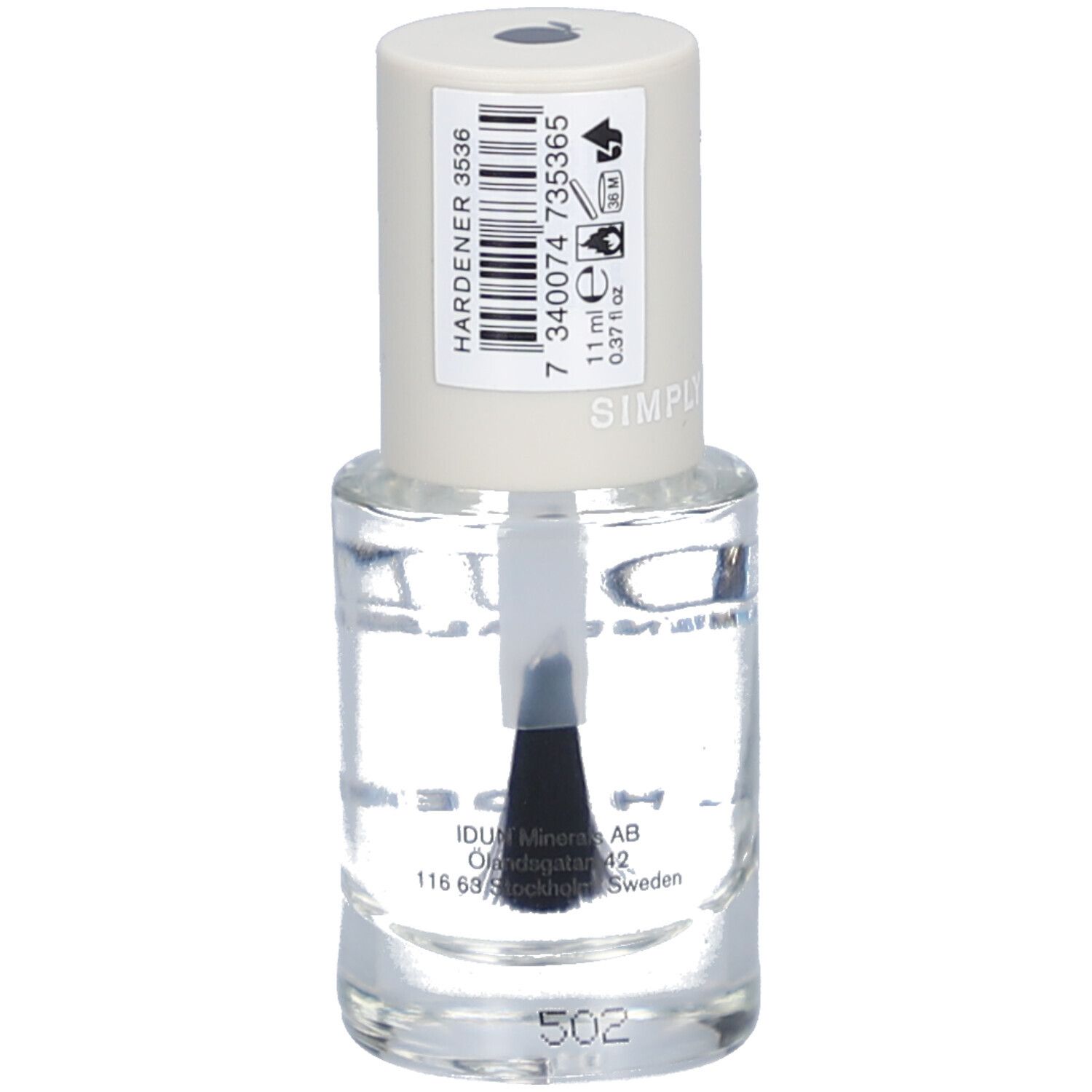 Klare Nagelhärter-Flasche mit weißem Deckel. Aufschrift: IDUN Minerals, Nail Hardener. 11 ml, 0.37 fl oz. Barcode.