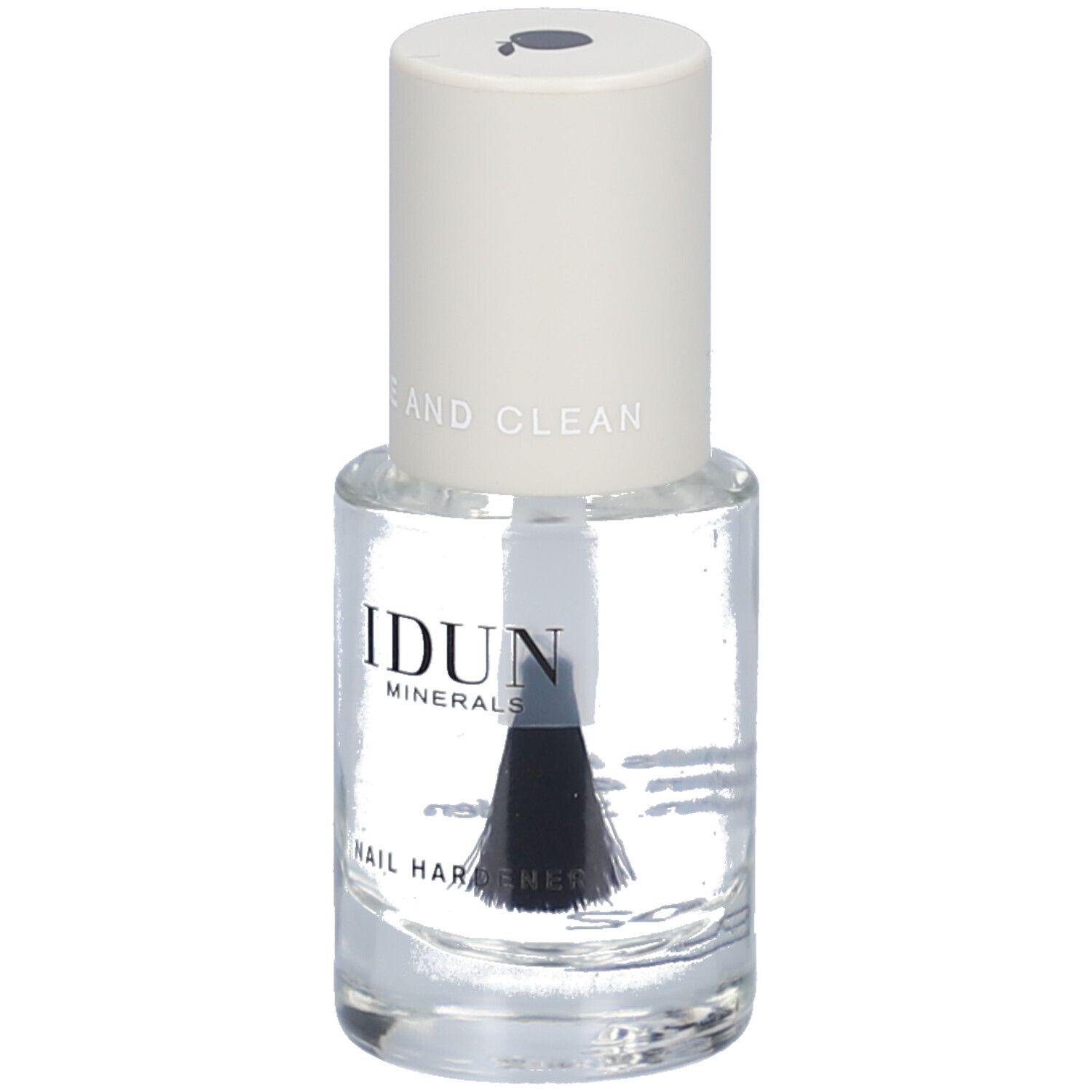 Klare Nagelhärter-Flasche mit weißem Deckel. Aufschrift: IDUN Minerals, Nail Hardener. PURE AND CLEAN.