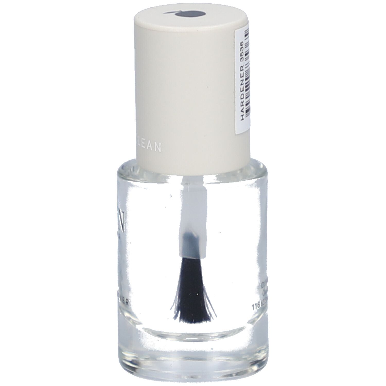 Klare Nagelhärter-Flasche mit weißem Deckel. Aufschrift: IDUN Minerals, Nail Hardener. Barcode.