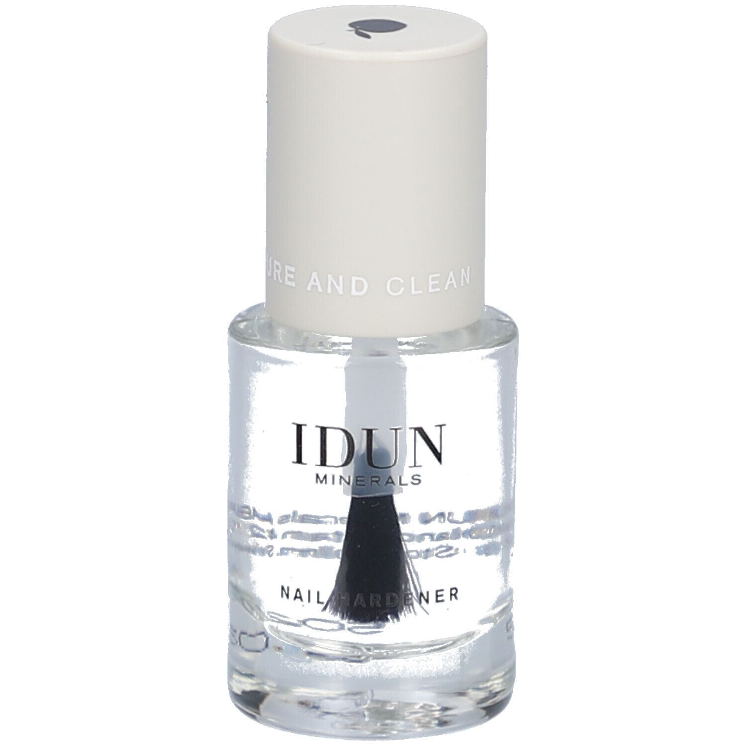 Klare Nagelhärter-Flasche mit weißem Deckel. Aufschrift: IDUN Minerals, Nail Hardener. PURE AND CLEAN.