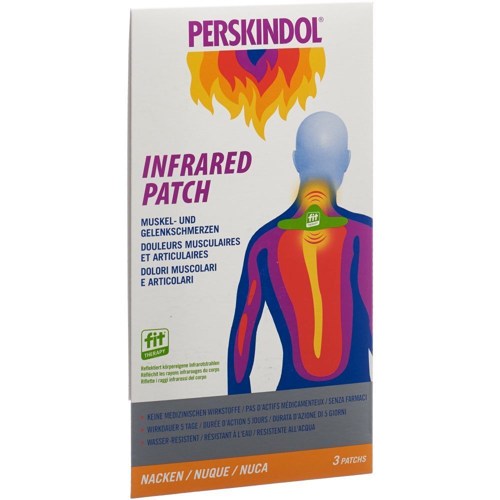 Verpackung PERSKINDOL Infrarot-Pflaster. Vorderseite mit Produktname, Illustration und Text in Deutsch, Französisch und Italienisch. 3 Pflaster.