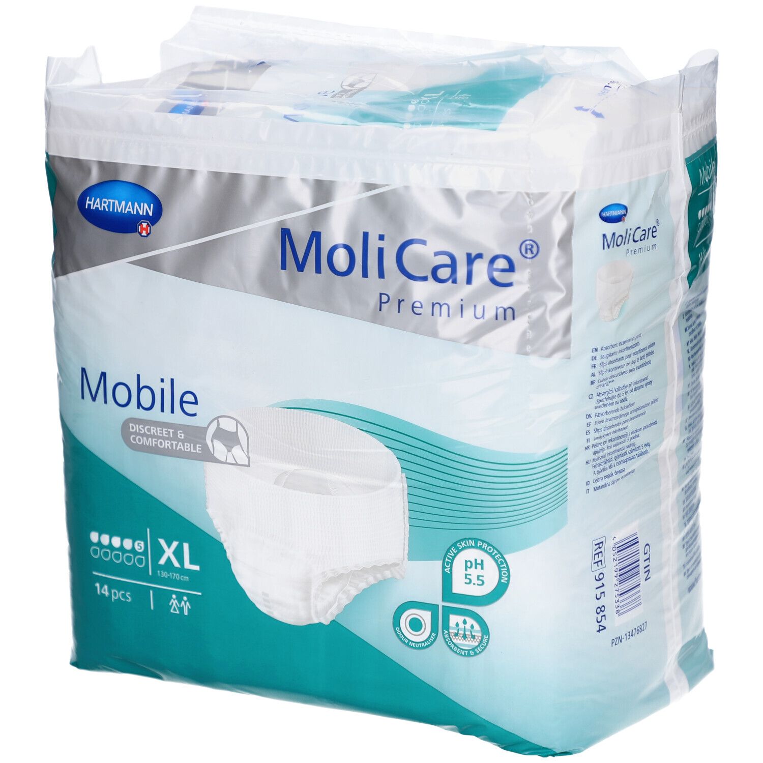 Verpackung MoliCare Premium Mobile Windeln. XL, 14 Stück. Sichtbar: Logo, Produktname, Saugstärke, Größe.