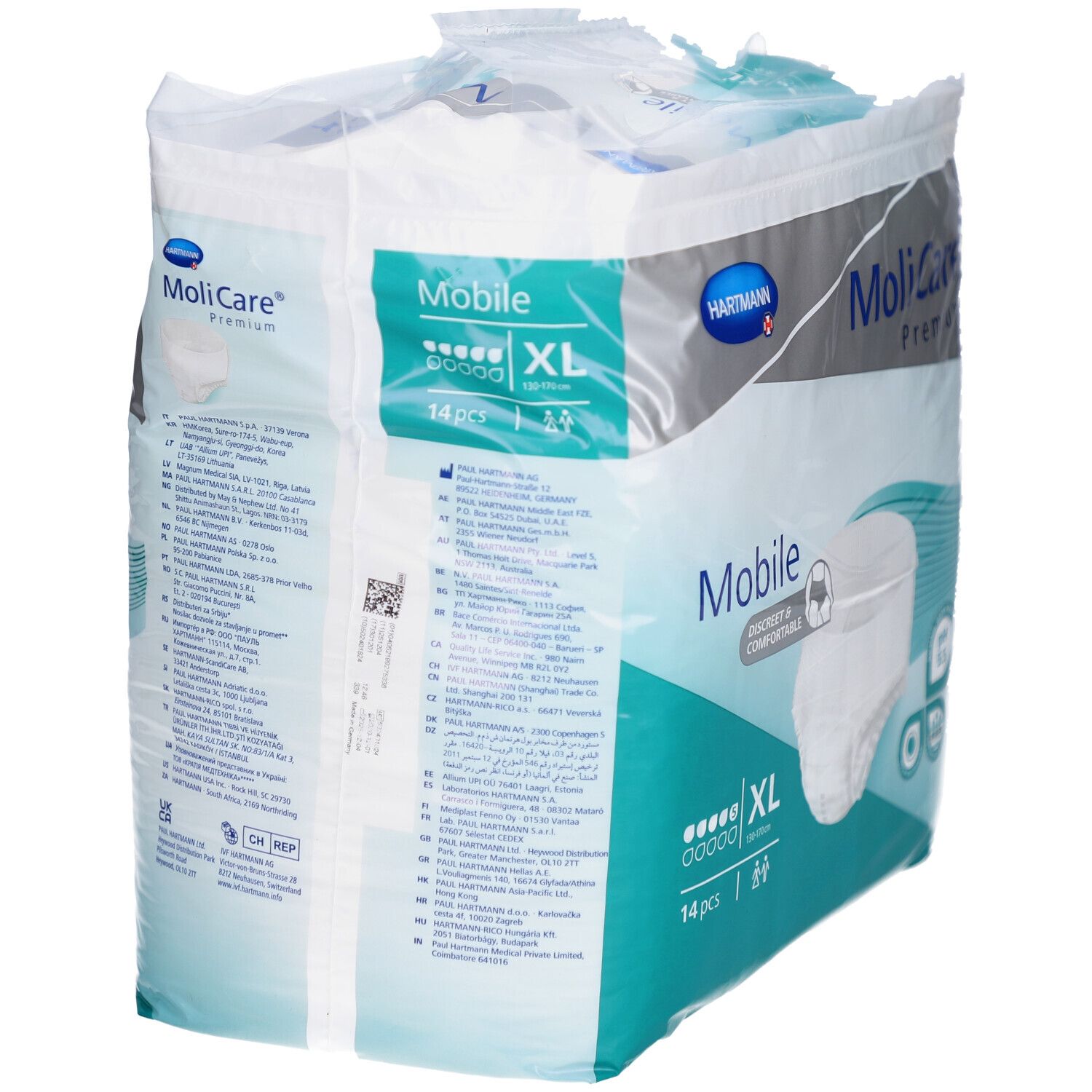 Verpackung MoliCare Premium Mobile Windeln. XL, 14 Stück. Rückseite mit Text und Logo. Winkelansicht.