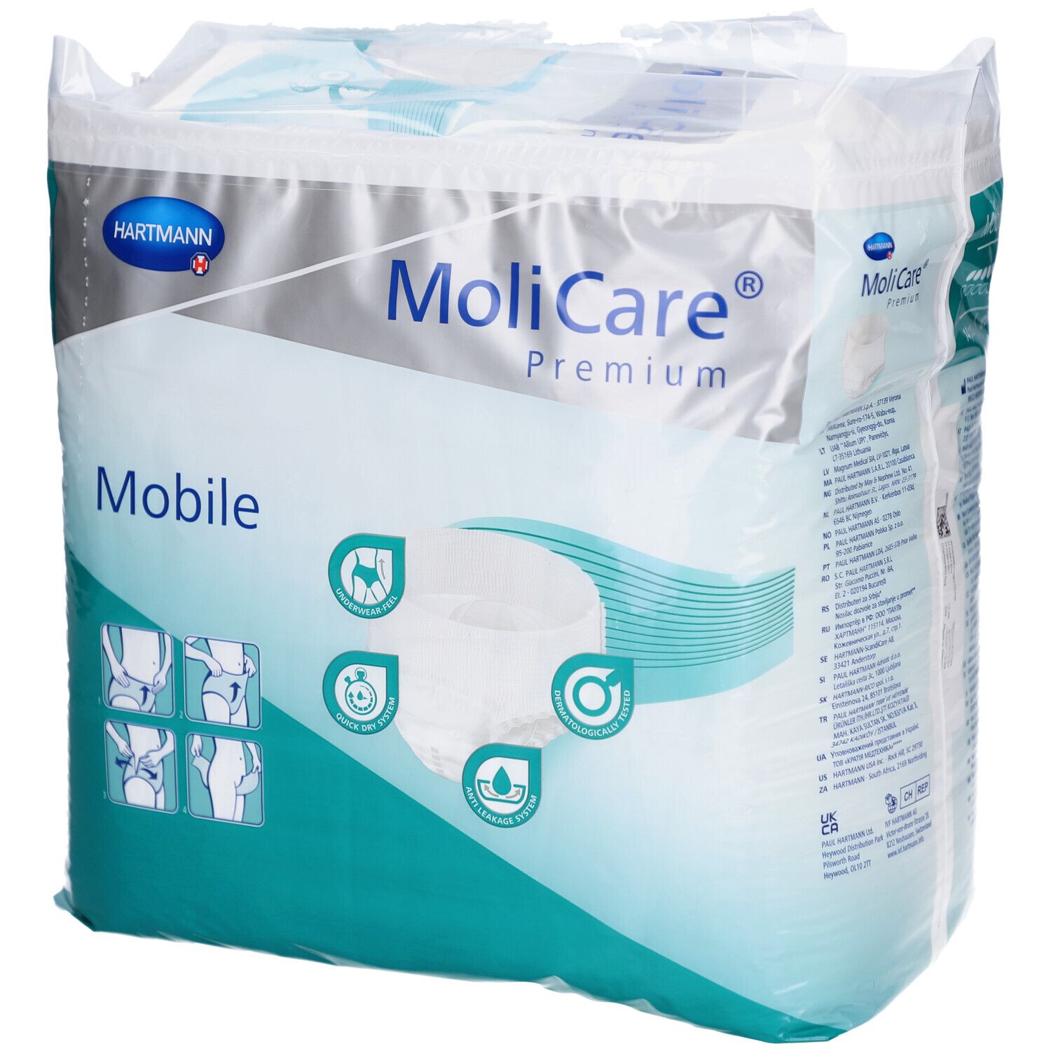Verpackung MoliCare Premium Mobile Windeln. XL, 14 Stück. Vorderseite mit Logo, Produktname und Illustrationen.