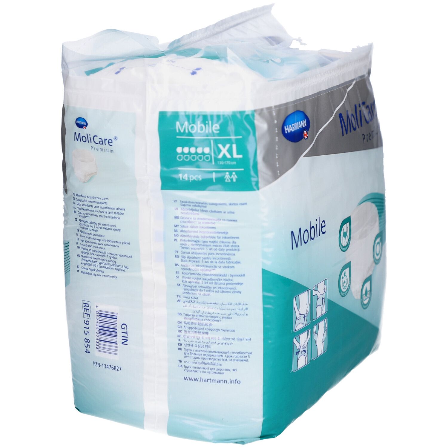 Verpackung MoliCare Premium Mobile Windeln. XL, 14 Stück. Rückseite mit Text und Logo. Winkelansicht.