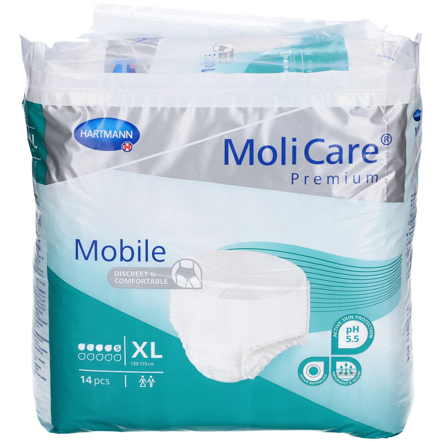 Verpackung MoliCare Premium Mobile Windeln. XL, 14 Stück. Vorderseite mit Logo, Produktname und Illustrationen.