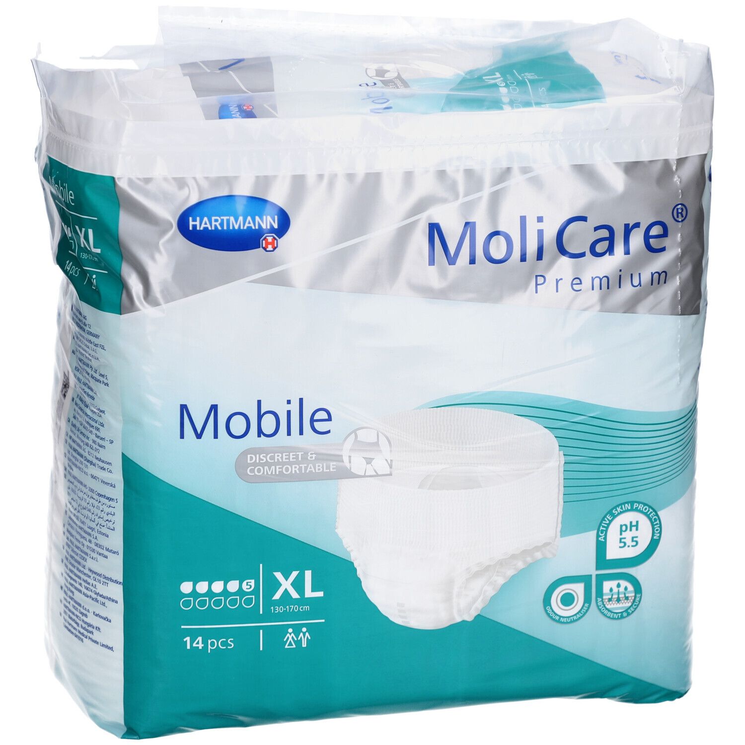 Verpackung MoliCare Premium Mobile Windeln. XL, 14 Stück. Vorderseite mit Logo, Produktname und Illustrationen.