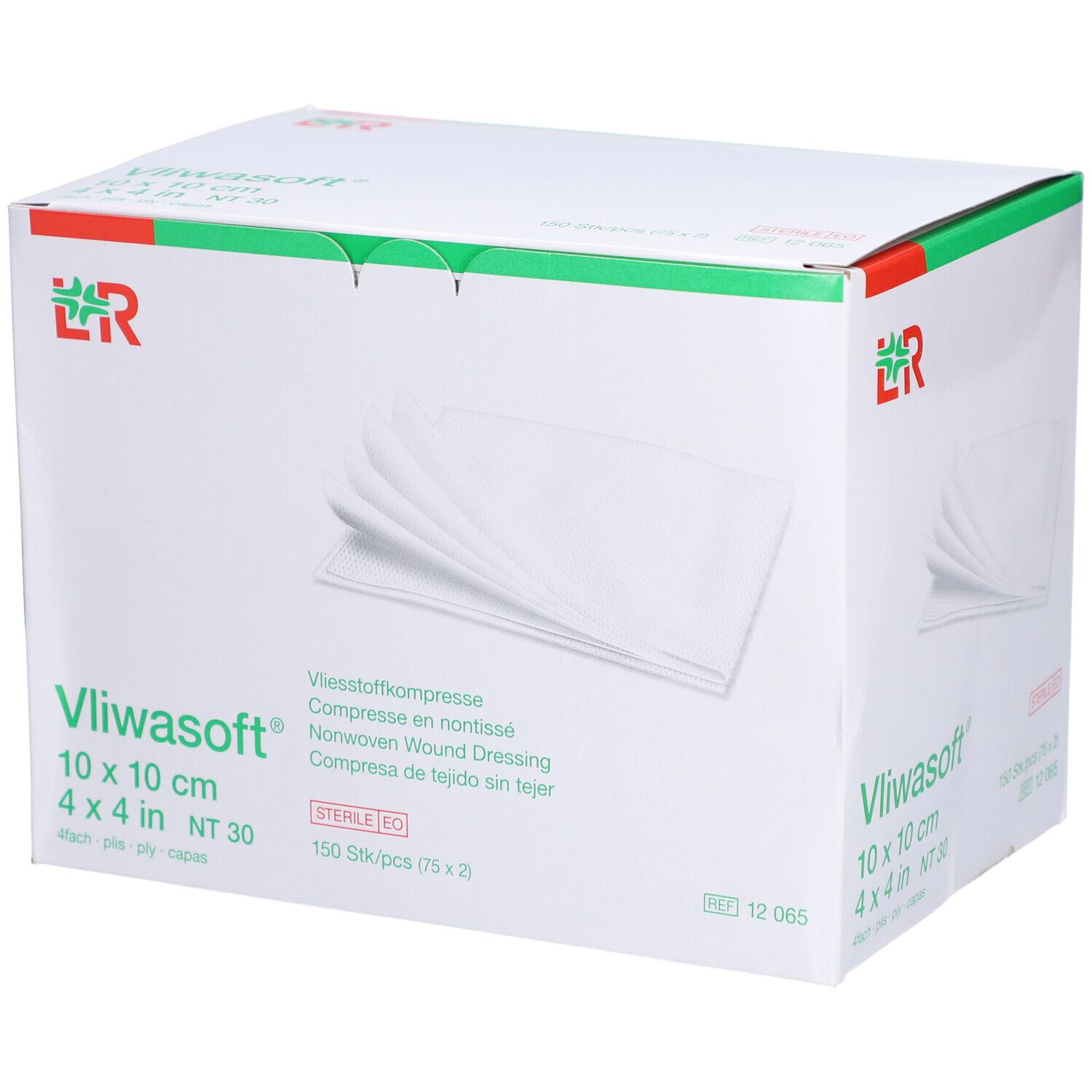 Vliwasoft Kompressen-Box. 10x10 cm, steril. Box mit Kompressen. Logo und Produktbezeichnung.