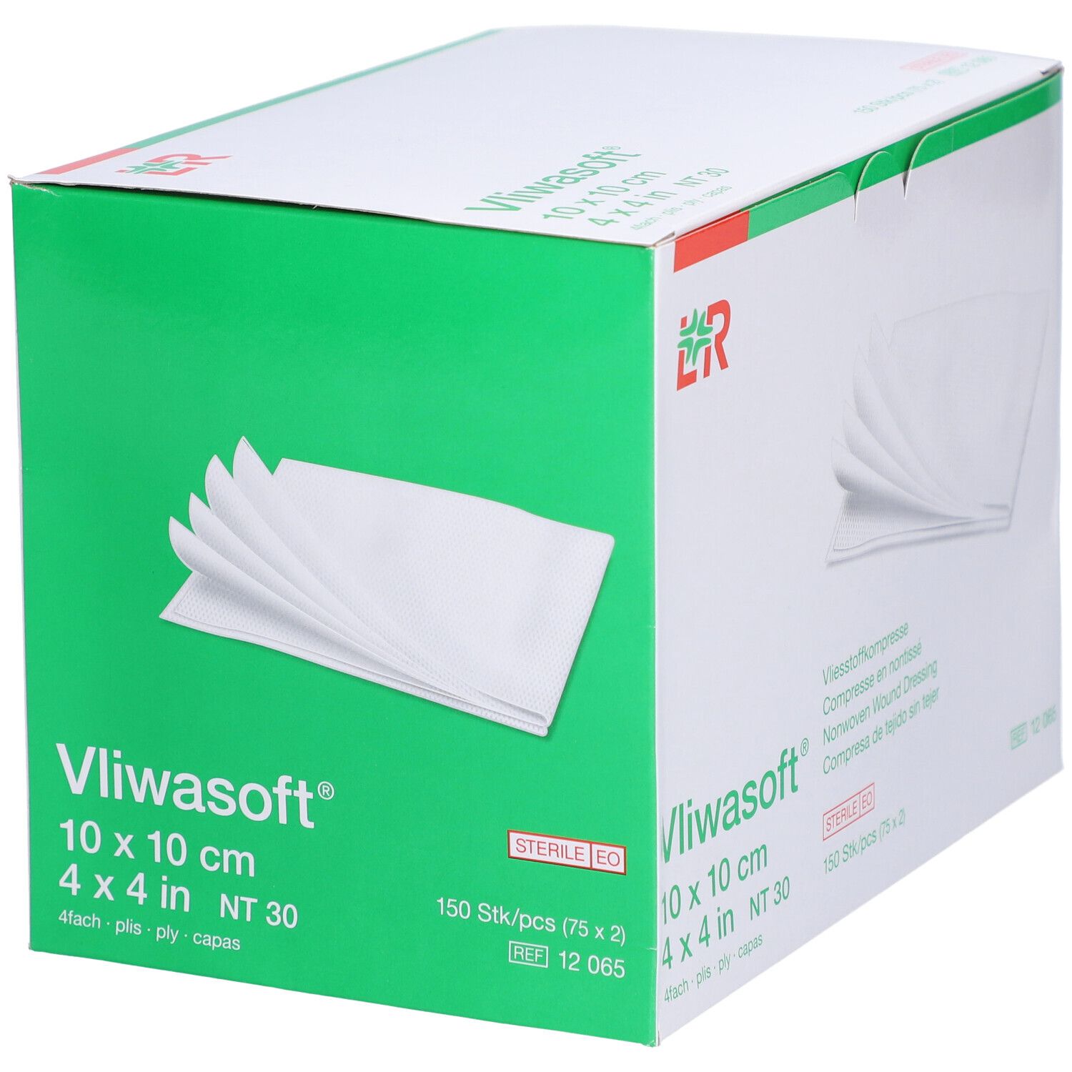 Vliwasoft Kompressen-Box. 10x10 cm, steril. Box mit Kompressen. Grüne Akzente.