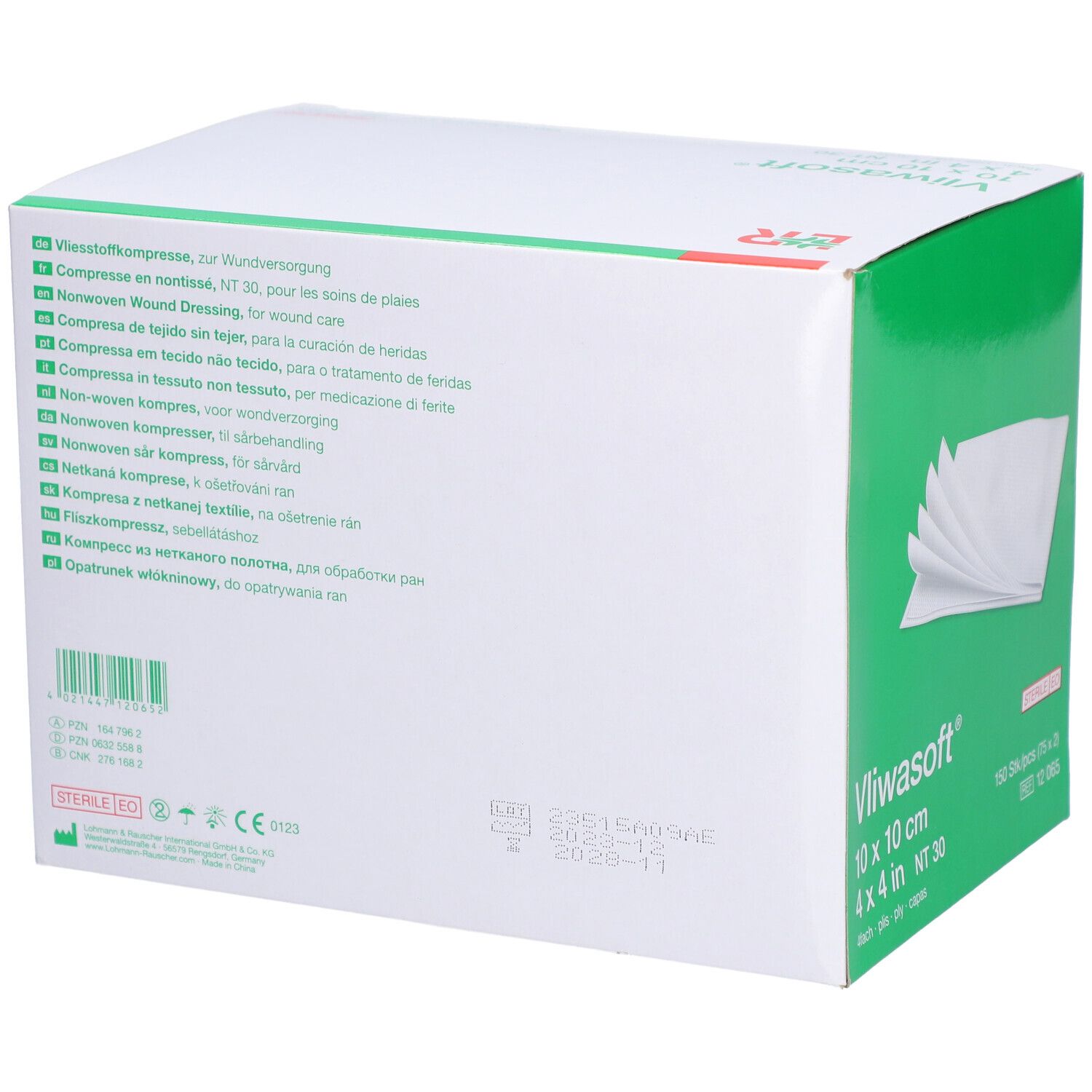 Vliwasoft Kompressen-Box. Rückseite mit Produktinformationen. Logo und Zertifizierungen.