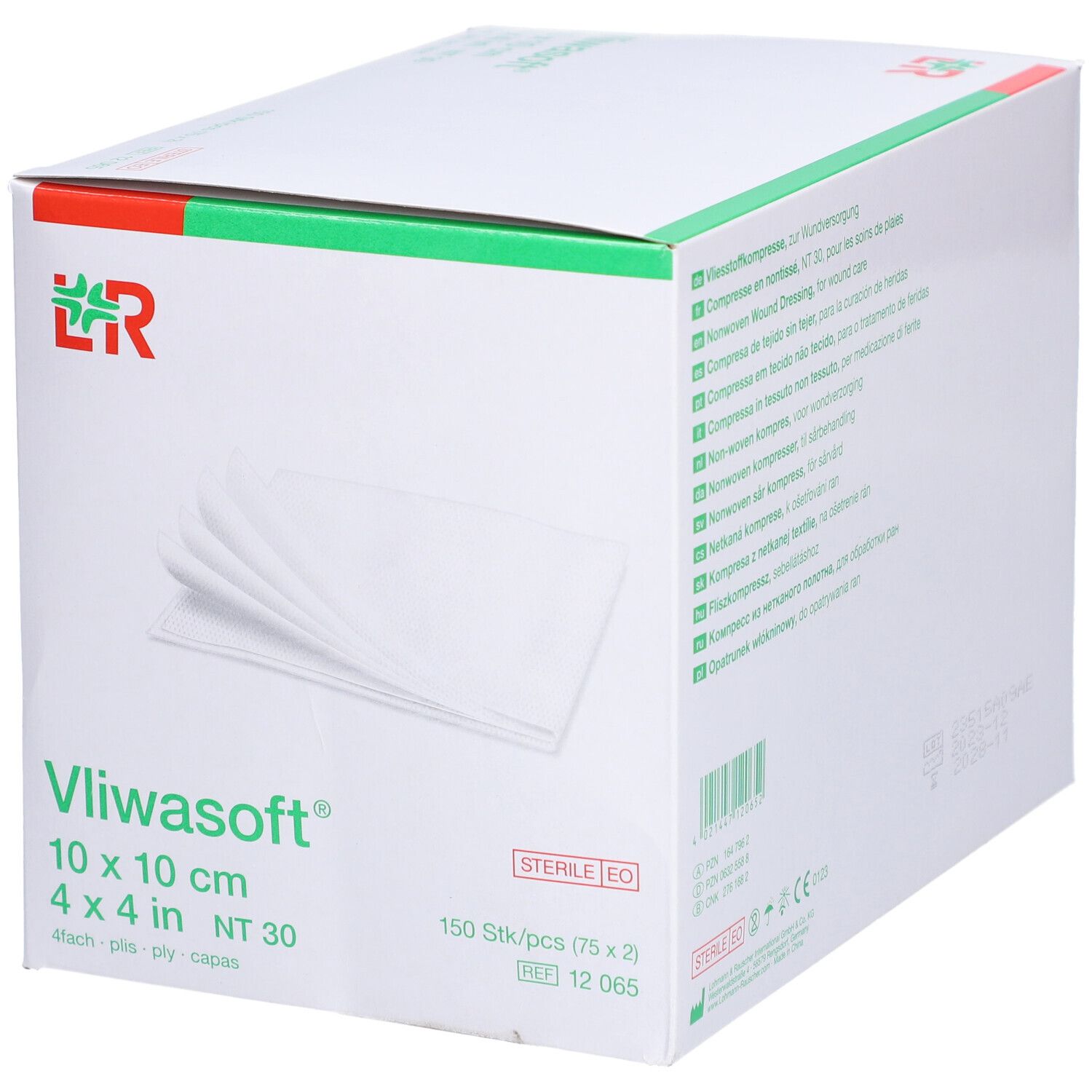 Vliwasoft Kompressen-Box. 10x10 cm, steril. Box mit Kompressen. Grüne Akzente.