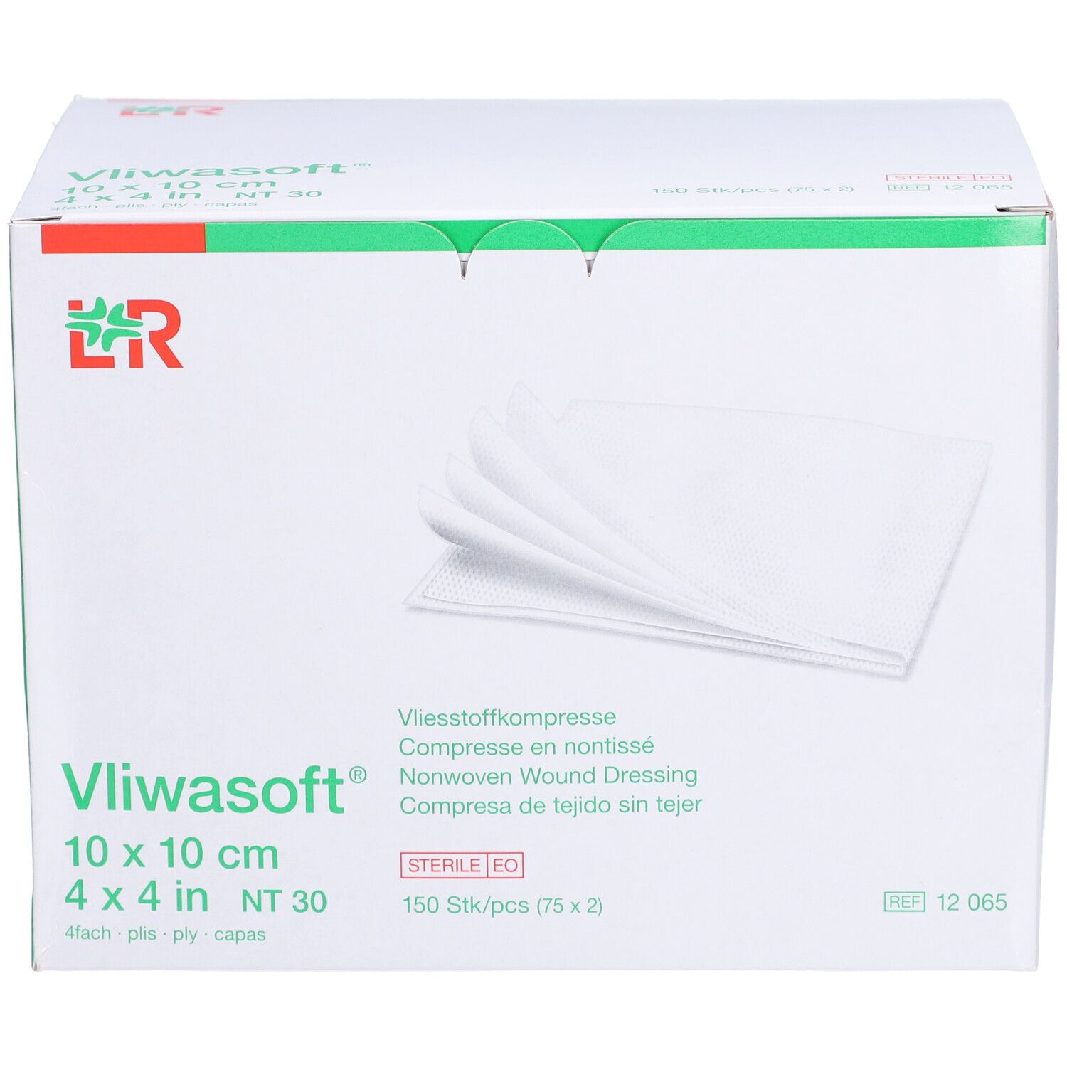 Vliwasoft Kompressen-Box. 10x10 cm, steril. Box mit Kompressen. Logo und Produktbezeichnung.