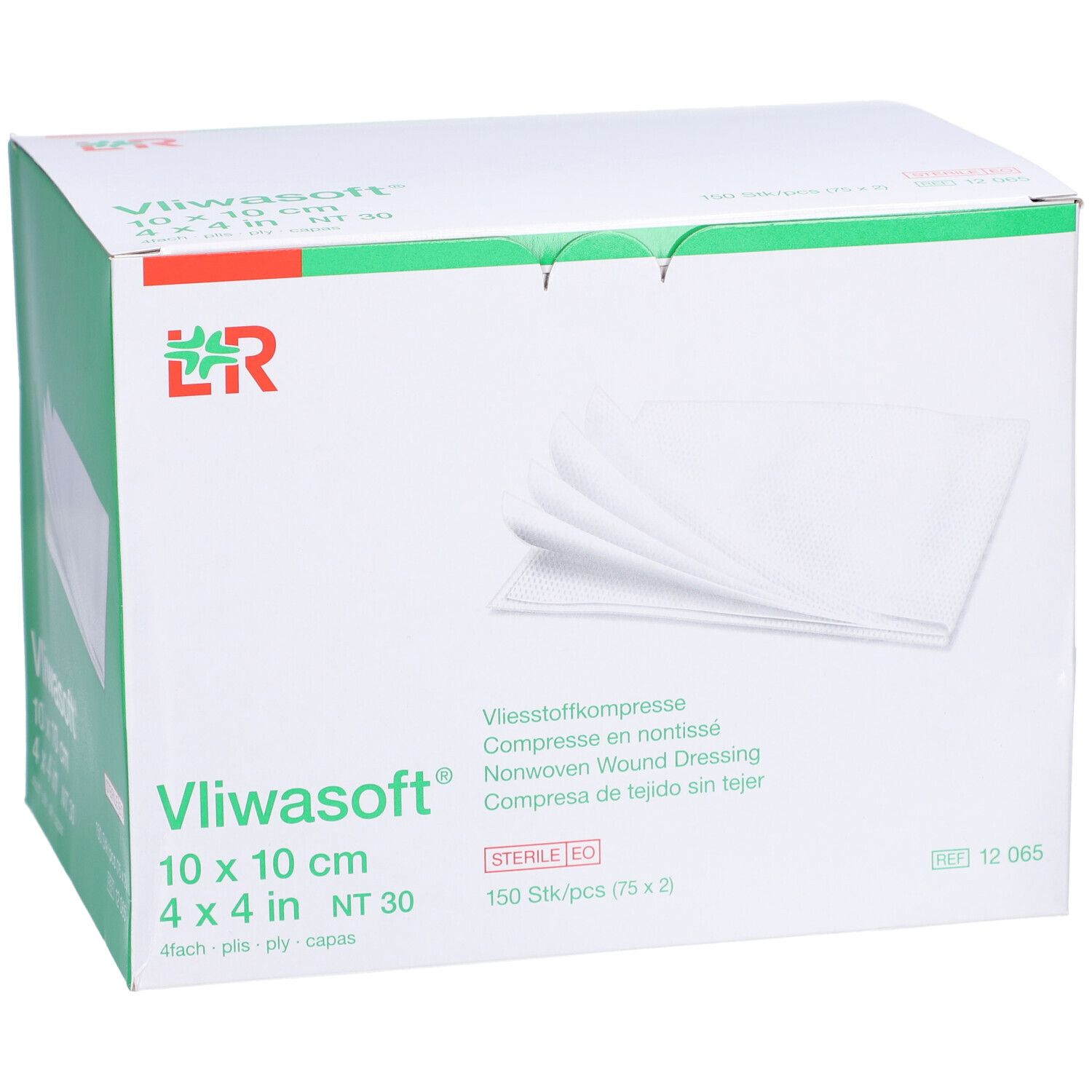 Vliwasoft Kompressen-Box. 10x10 cm, steril. Box mit Kompressen. Logo und Produktbezeichnung.