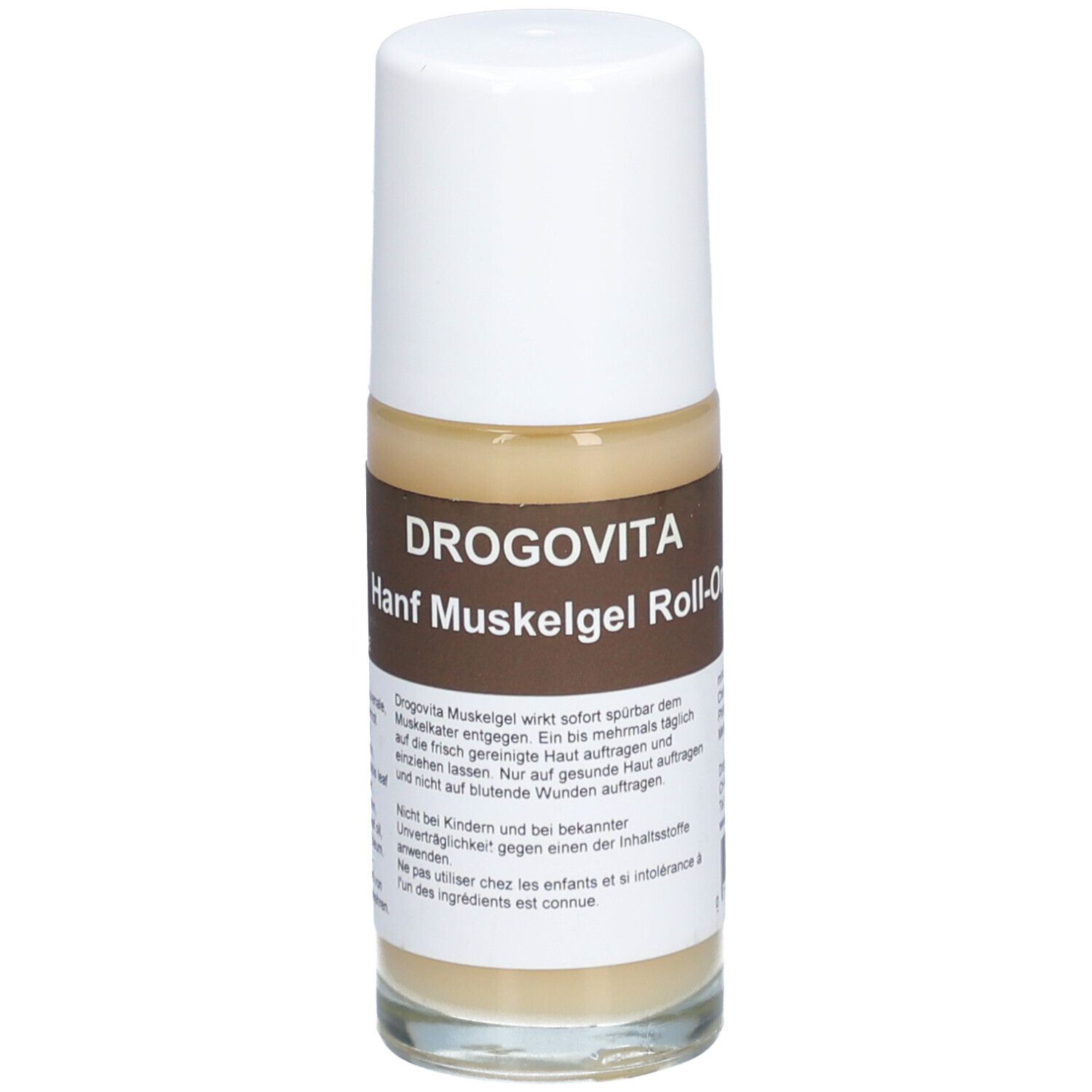 Flacon roll-on avec étiquette marron. Inscription: DROGOVITA Hanf Muskelgel Roll-on. Bouchon blanc. Liquide visible.