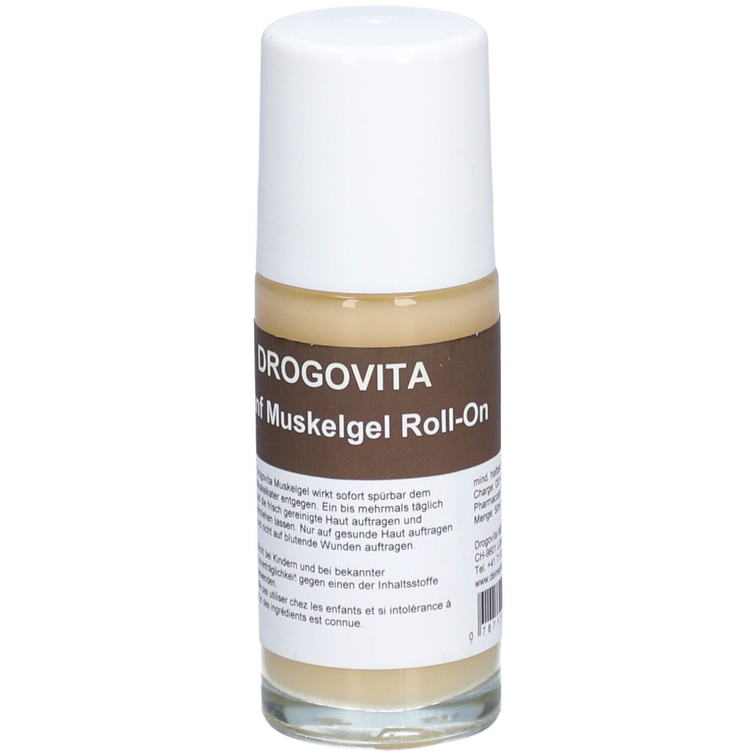 Flacon roll-on avec étiquette marron. Inscription: DROGOVITA Hanf Muskelgel Roll-on. Bouchon blanc. Liquide visible.