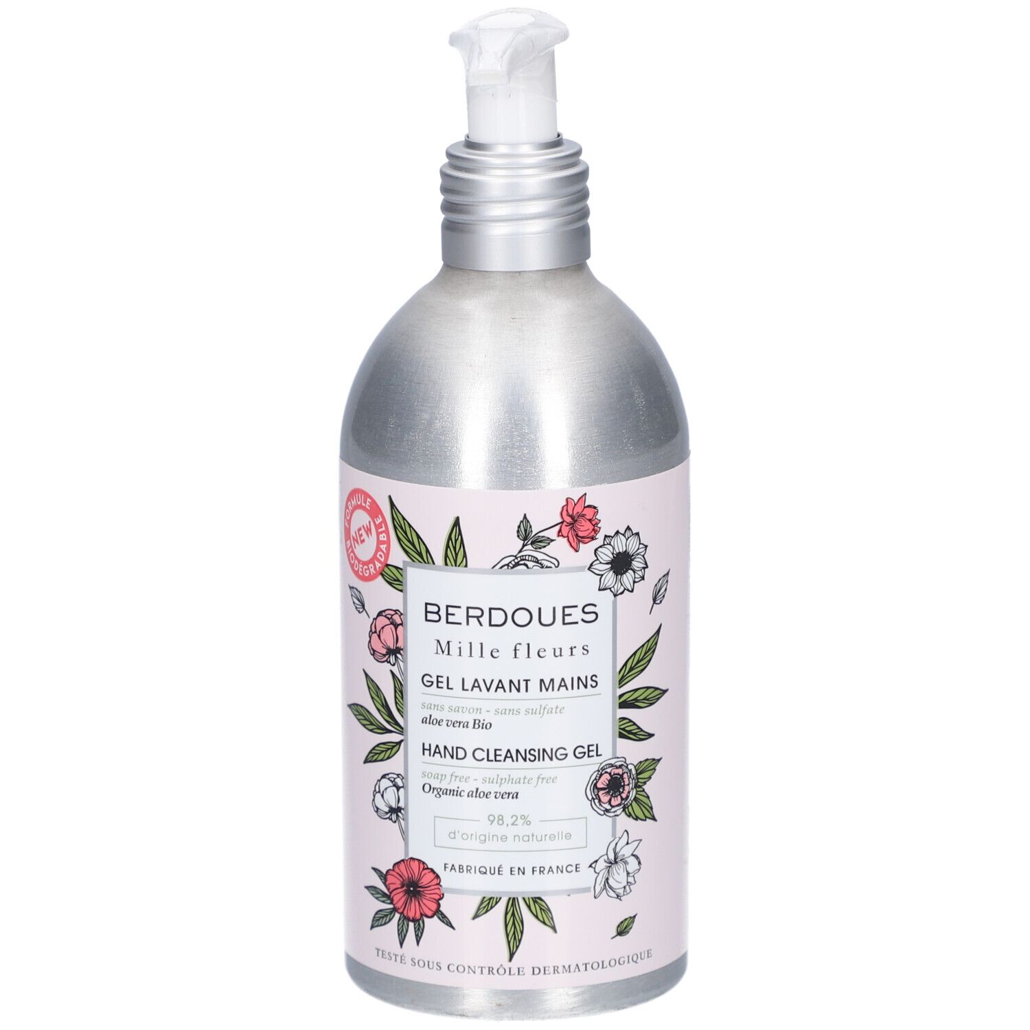 Handwaschgel mit floralem Design. Metallflasche mit Dosierpumpe. Aufschrift: BERDOUES Mille fleurs, Hand Cleansing Gel.