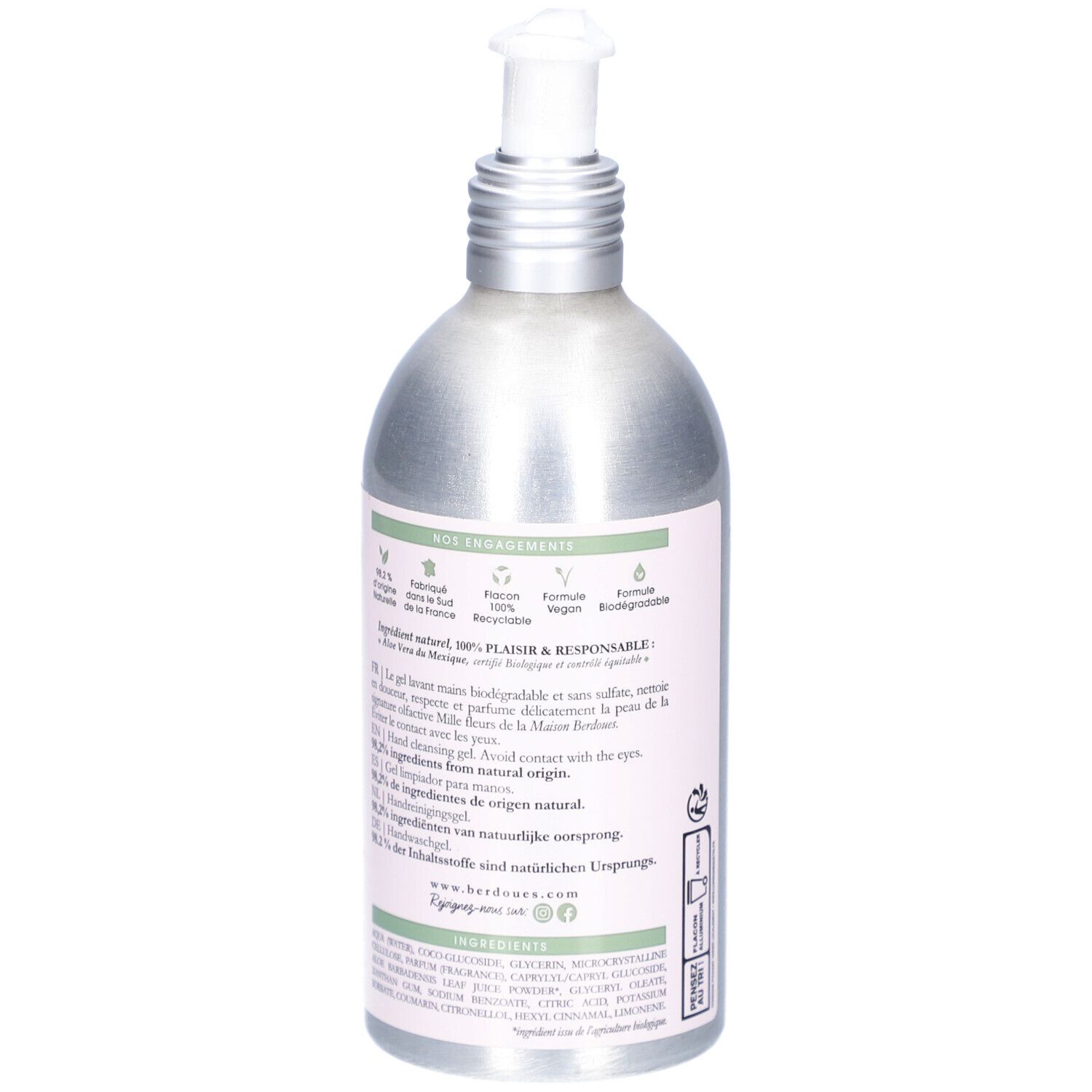 Rückseite des Handwaschgels. Text in mehreren Sprachen. Logos für vegan, biologisch abbaubar und verantwortungsvoll.