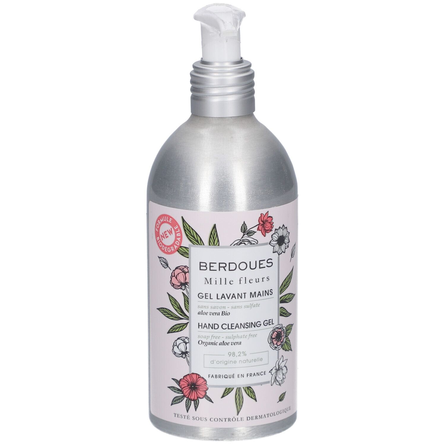 Handwaschgel. Metallflasche mit Dosierpumpe. Aufschrift: BERDOUES Mille fleurs, Hand Cleansing Gel. Florales Design.