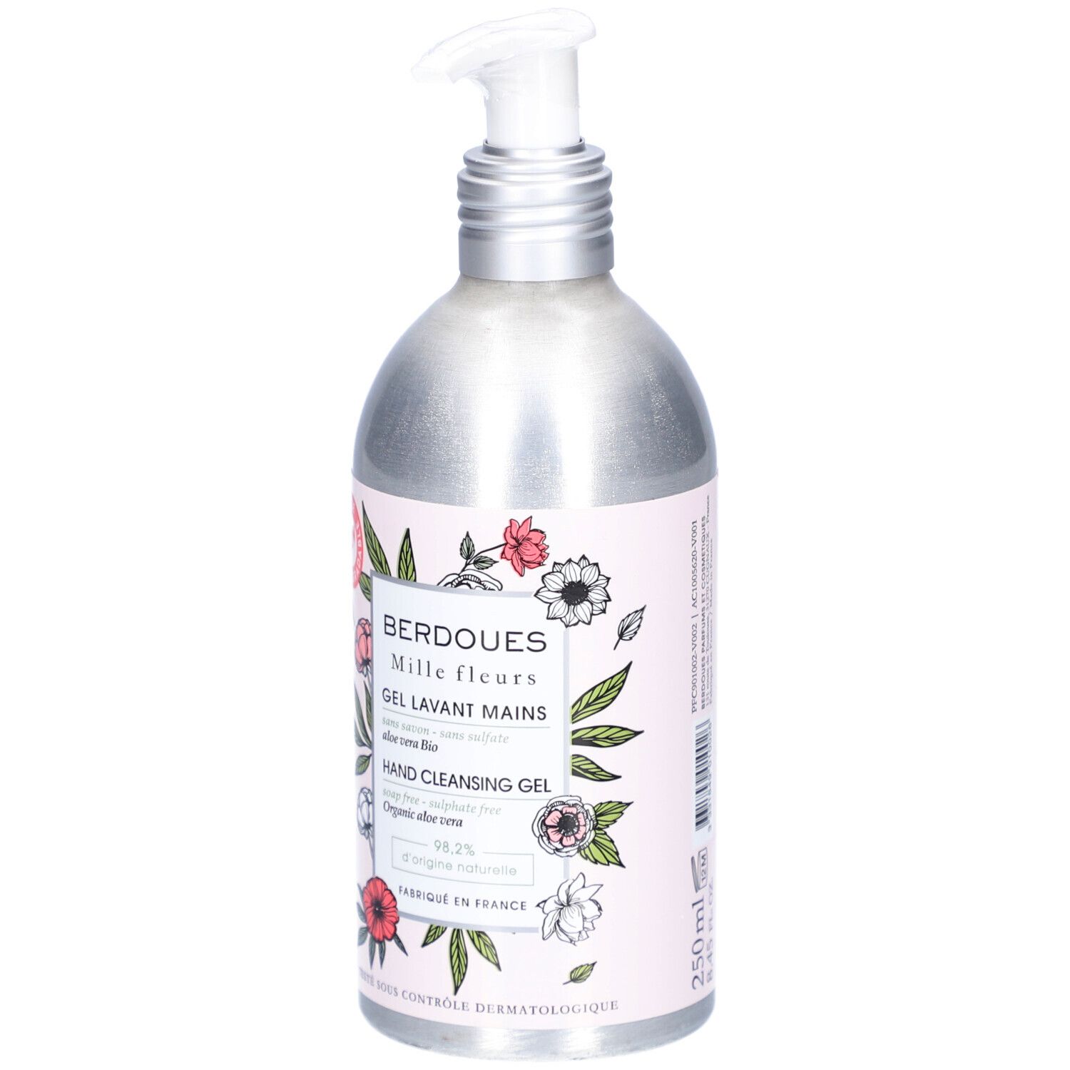 Handwaschgel. Metallflasche mit Dosierpumpe. Aufschrift: BERDOUES Mille fleurs, Hand Cleansing Gel. 250 ml.