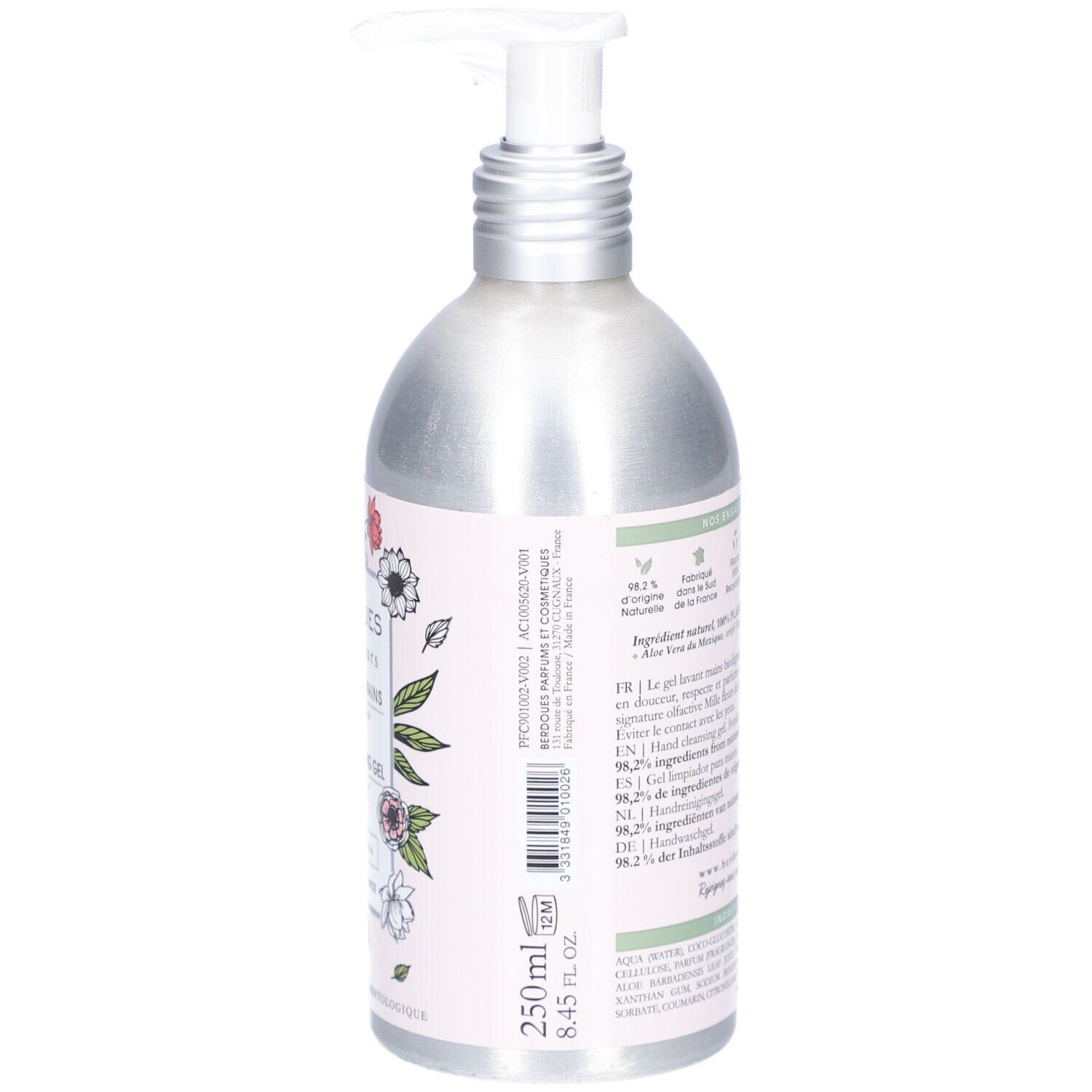 Handwaschgel. Rückansicht. Metallflasche mit Dosierpumpe. Aufschrift: BERDOUES Mille fleurs, 250 ml, 8.45 fl oz.