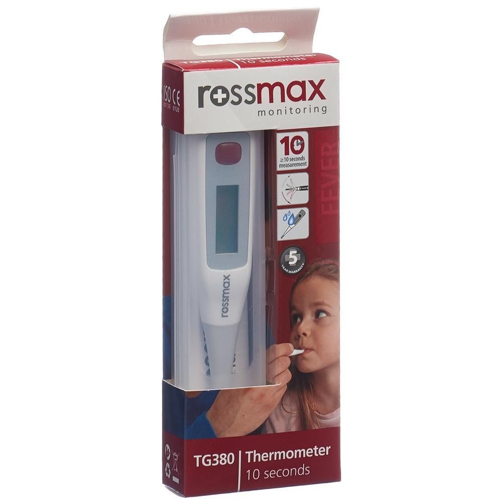 ROSSMAX Fieberthermometer TG380 mit flexibler Spitze in Verpackung.