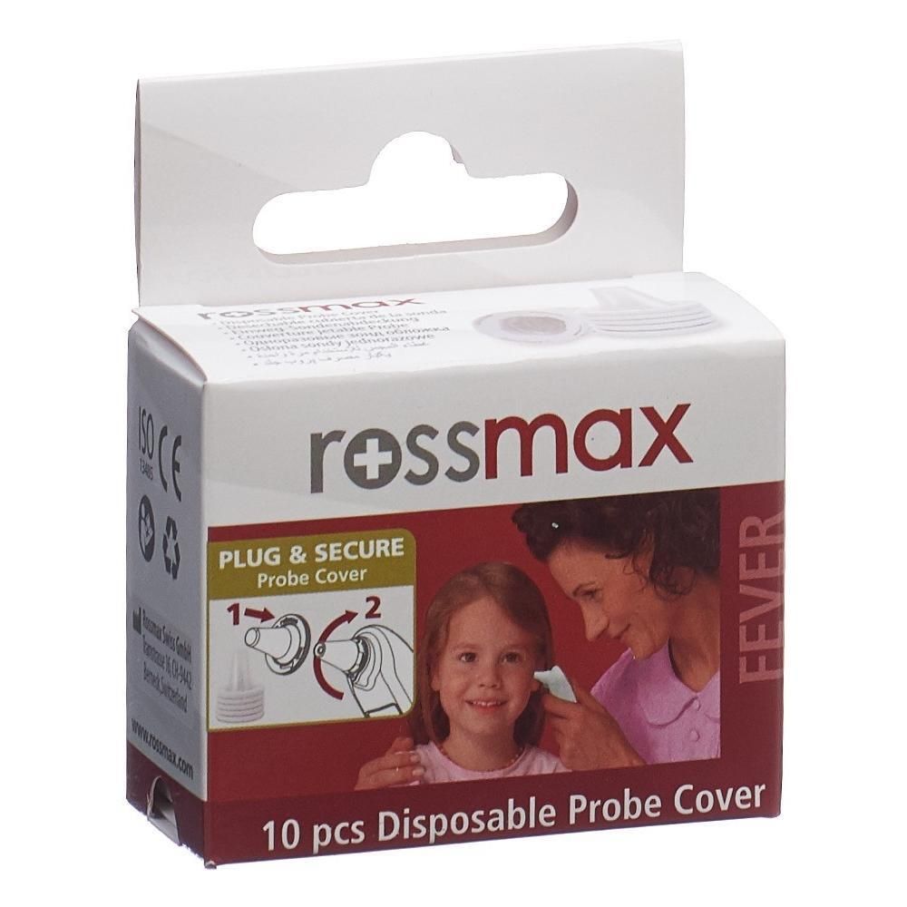 Verpackung mit 10 Einweg-Sondenabdeckungen für Fieberthermometer, Marke Rossmax.