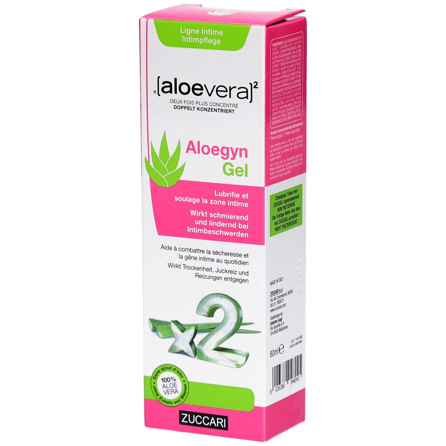 Emballage de Aloegyn Gel. Design rose et blanc avec des accents verts. Nom du produit et logo visibles.