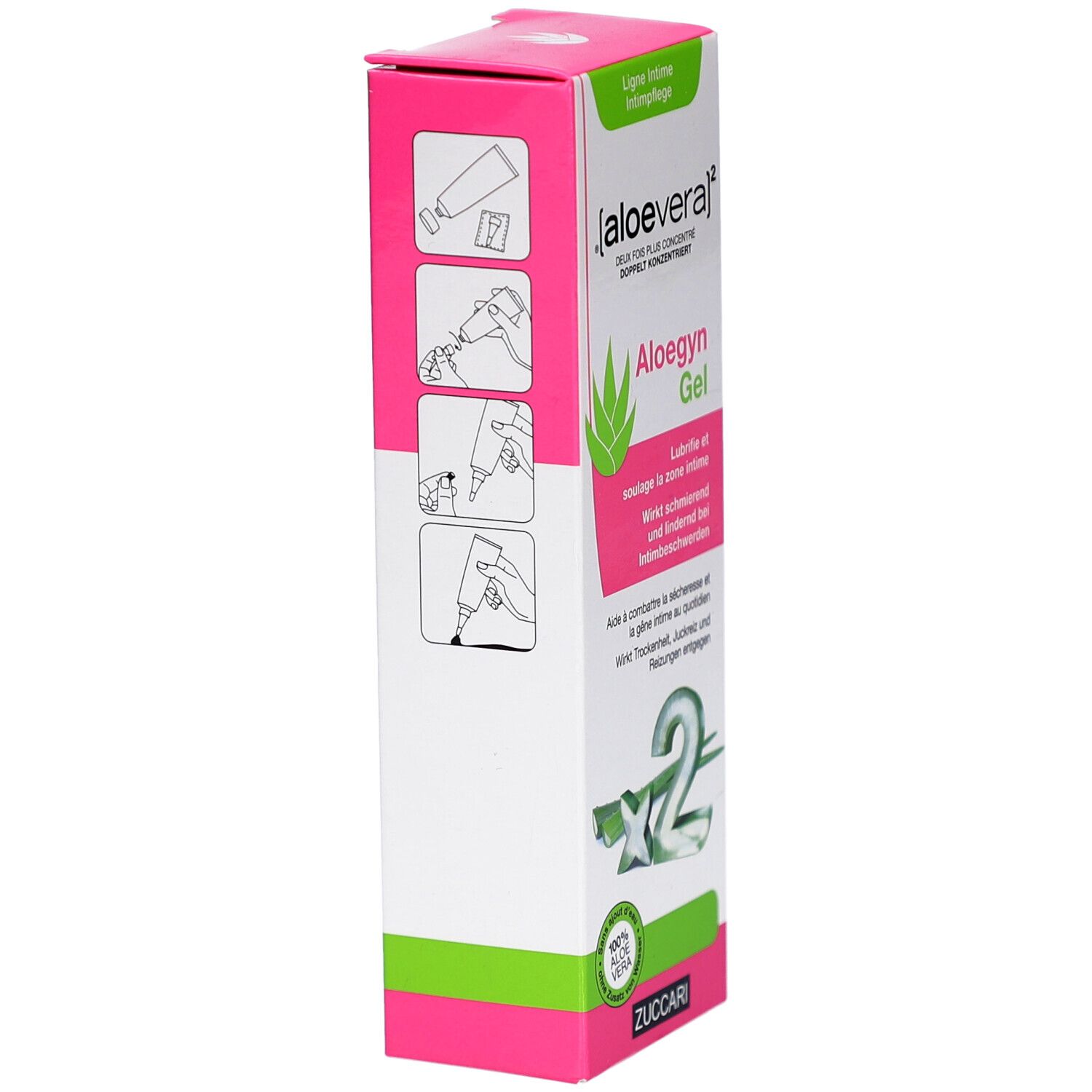 Emballage de Aloegyn Gel. Illustrations d'utilisation. Design rose et blanc avec des accents verts.