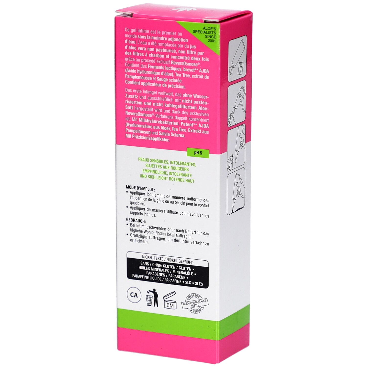 Emballage de Aloegyn Gel. Informations textuelles et instructions d'utilisation. Design rose et blanc.