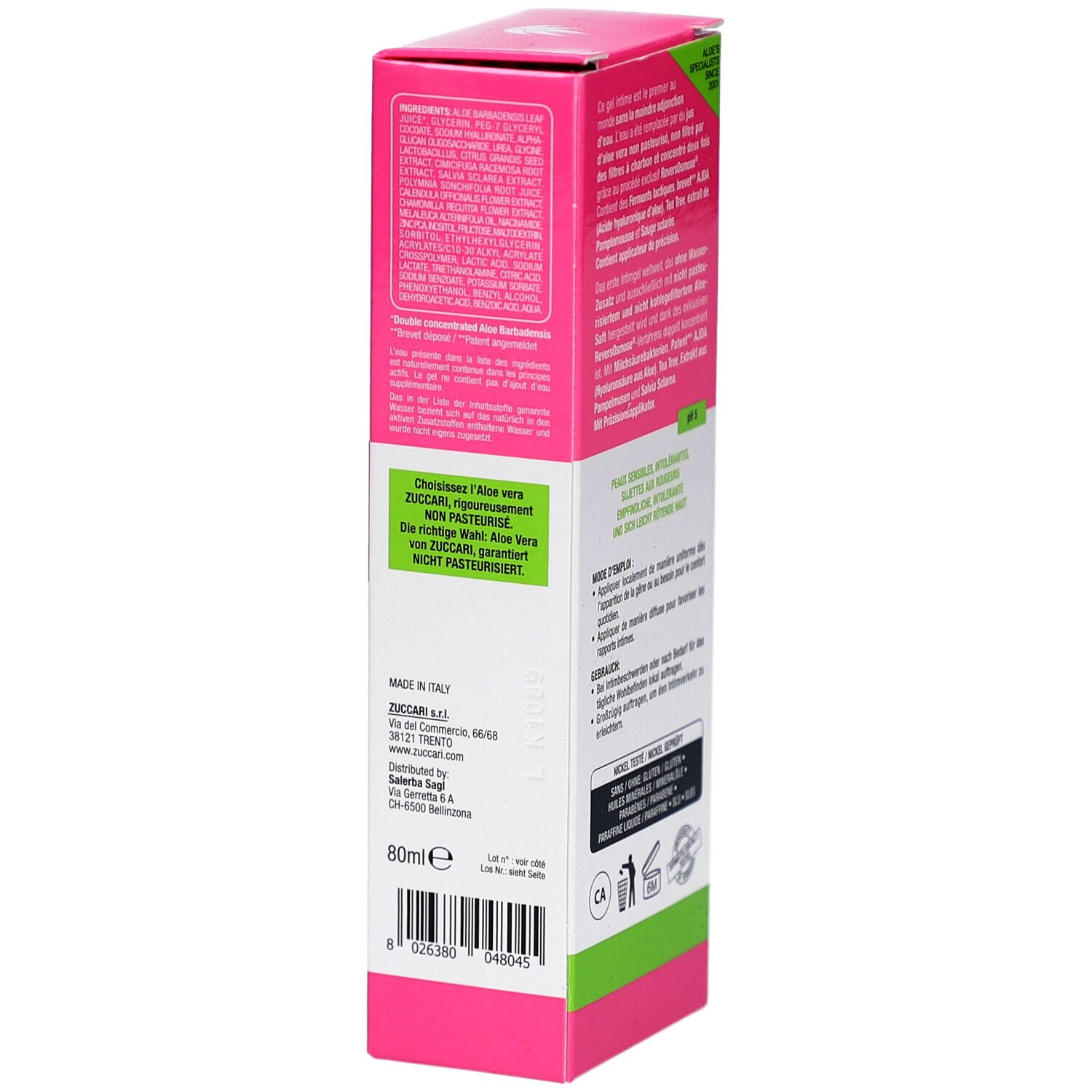 Emballage de Aloegyn Gel. Ingrédients et informations du fabricant. Design rose et blanc avec des accents verts.