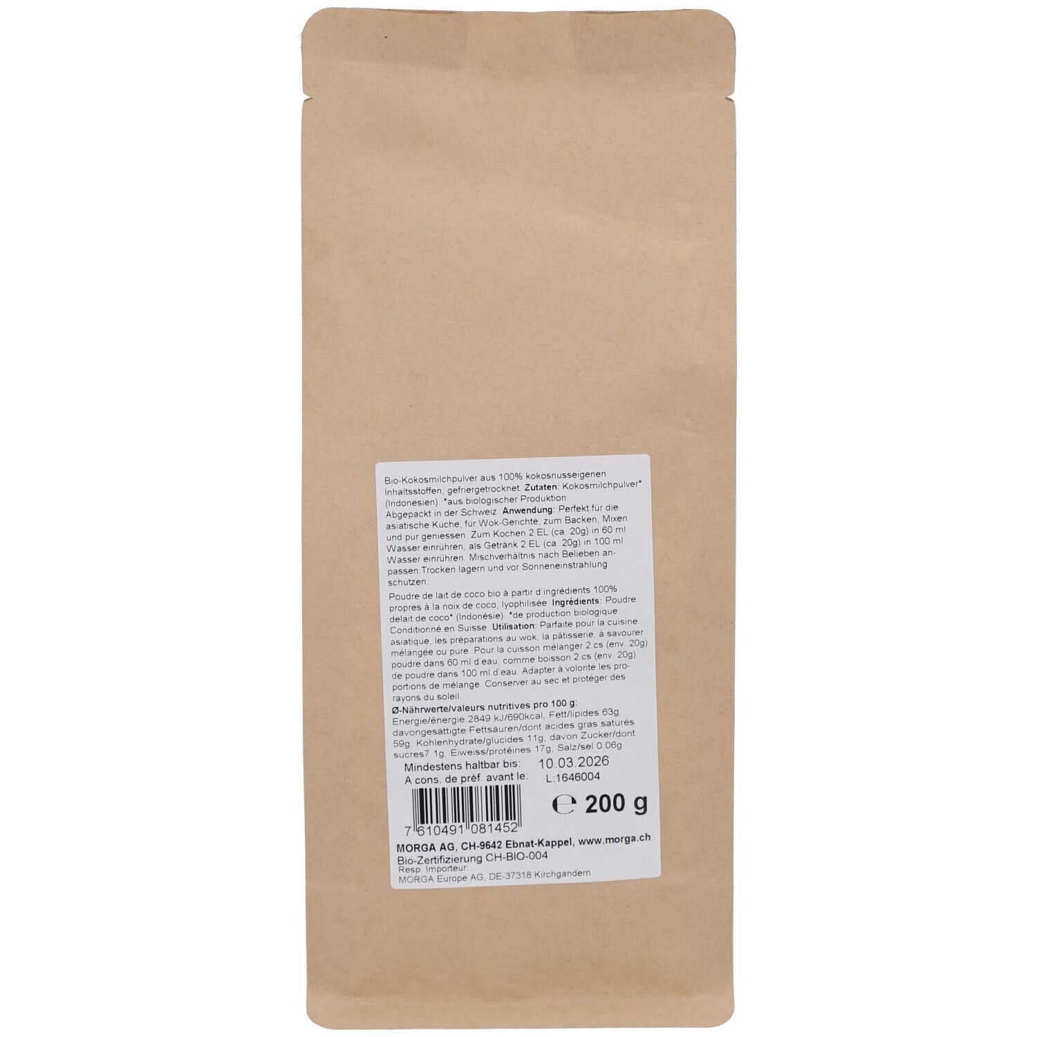 Dos du sachet. Texte avec informations nutritionnelles et ingrédients. À consommer de préférence avant le 10.03.2026. 200 g.