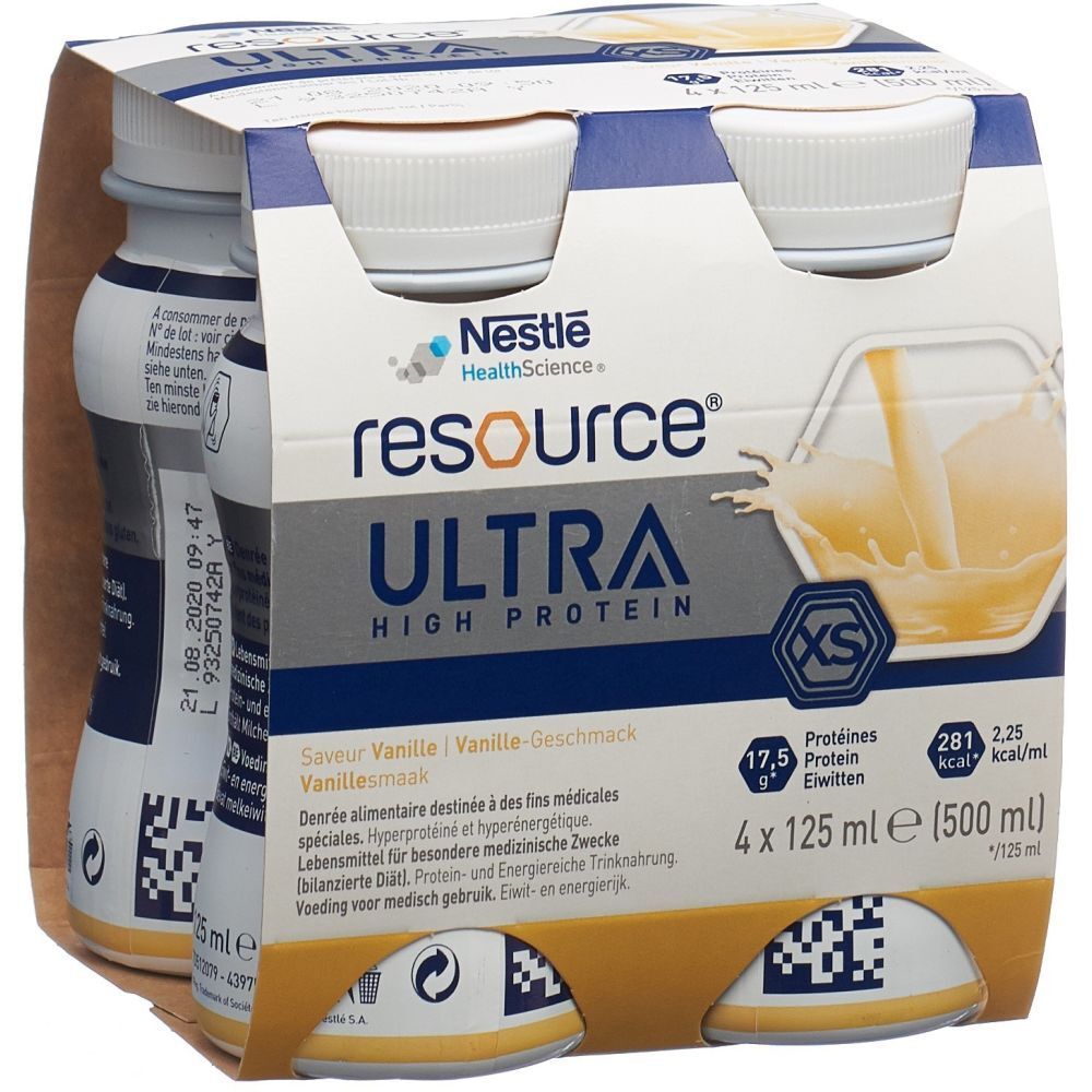 Packung mit vier Flaschen RESOURCE® ULTRA HIGH PROTEIN. Vanille-Geschmack. Enthält 17,5 g Protein, 281 kcal.