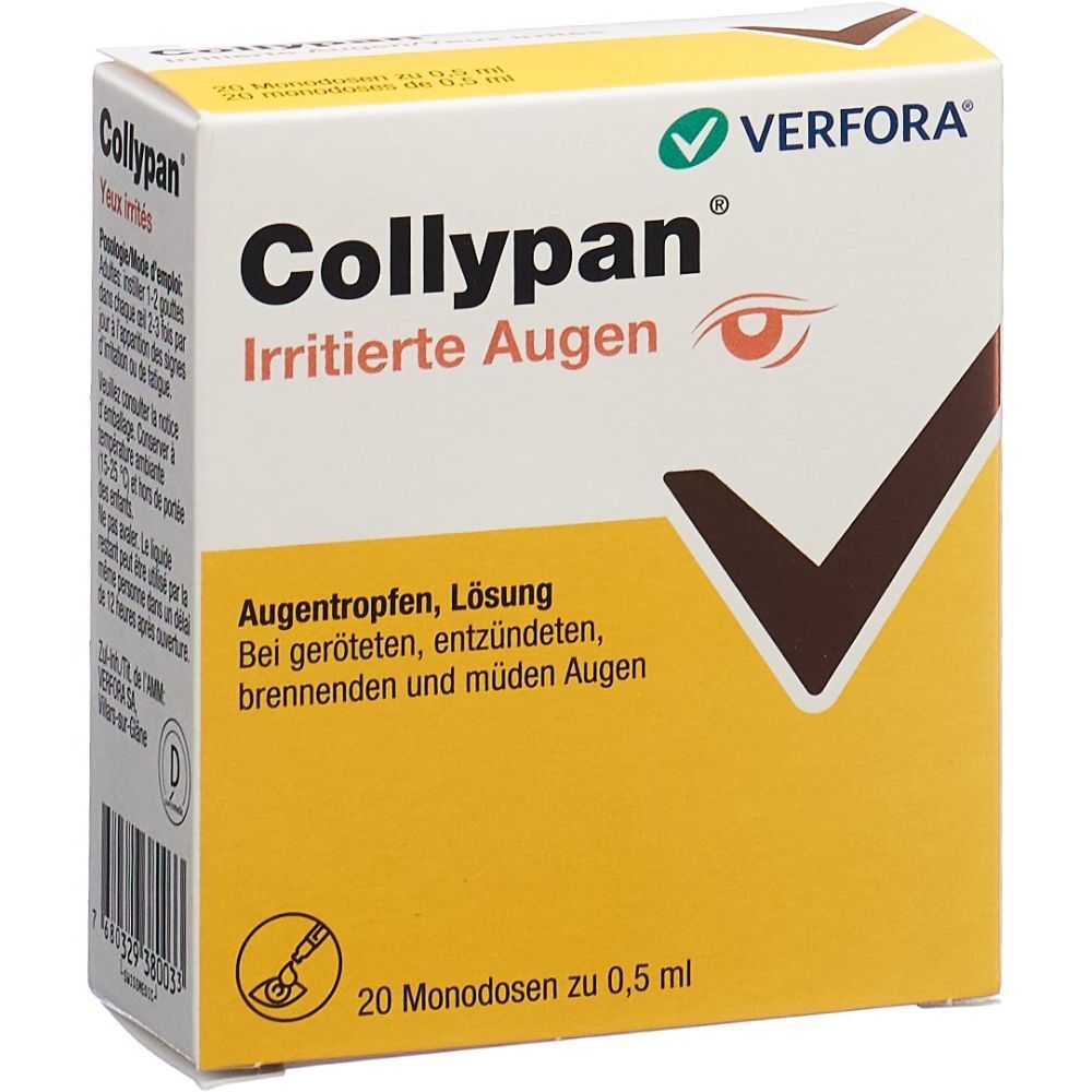 Verpackung von Collypan Irritierte Augen. Enthält 20 Monodosen. Aufschrift: Augentropfen, Lösung bei geröteten, entzündeten, brennenden und müden Augen.