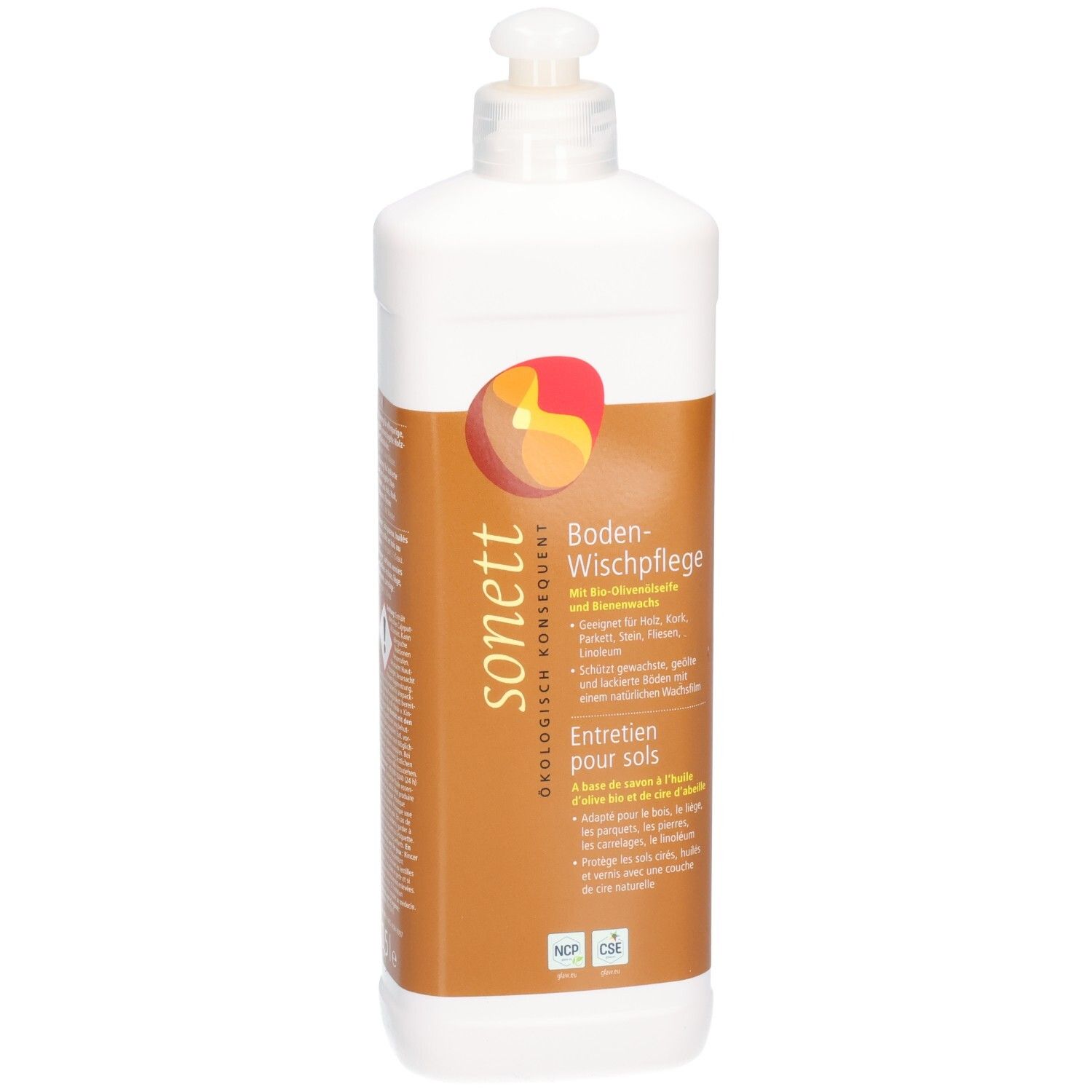 Weiße Flasche mit braunem Etikett. Aufschrift: sonett, Boden-Wischpflege. Mit Dosierverschluss. Ökologisch konsequent.