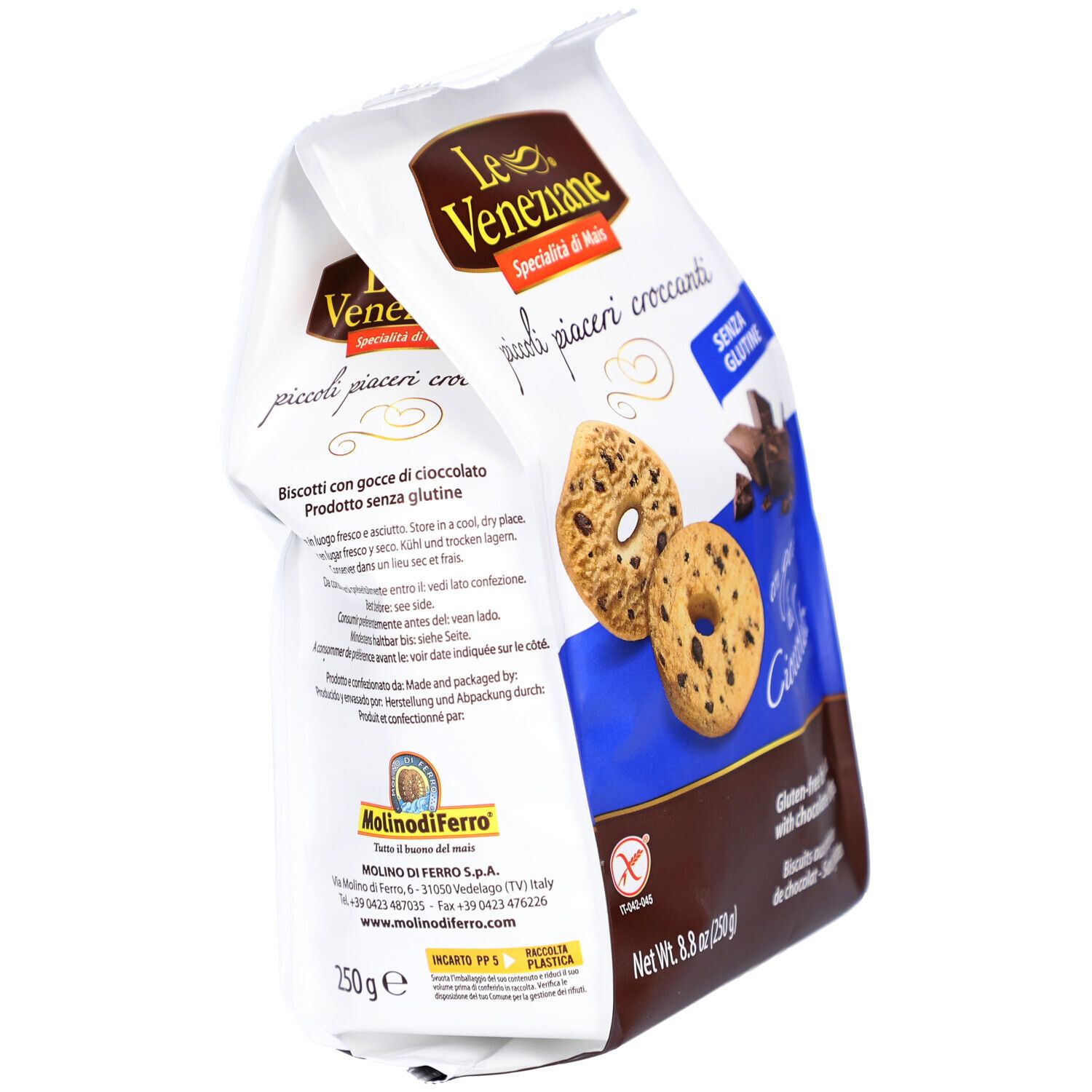Paquet de LE VENEZIANE Cookies Schokostücke sans gluten, vue latérale. Contient des biscuits, sans gluten, 250 g.